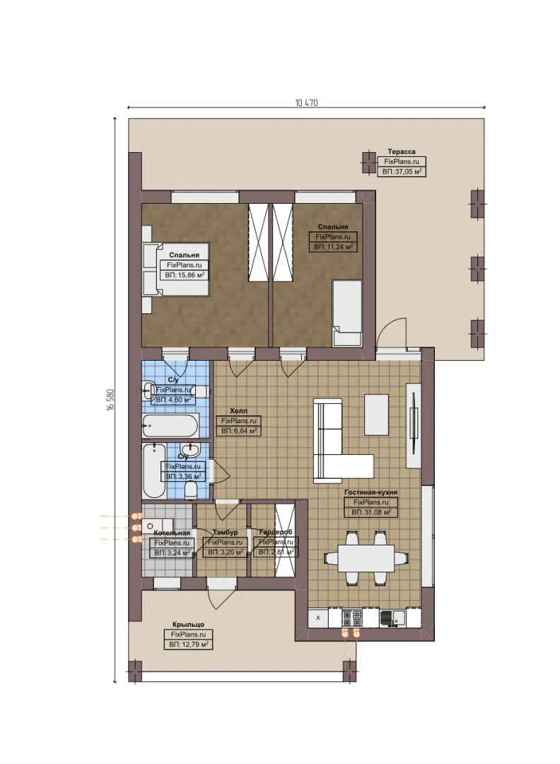 F-5678 - План одноэтажного дома 11 на 17, площадью 140 м² с террасой и 2 спальнями