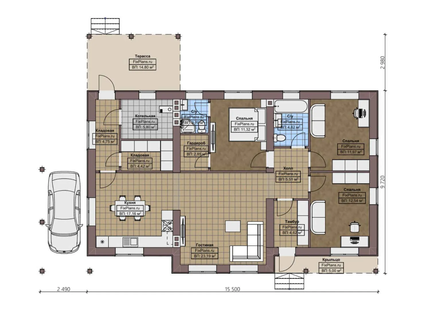 F-1610 - План одноэтажного дома 10 на 16, площадью 140 м² с террасой и 3 спальнями