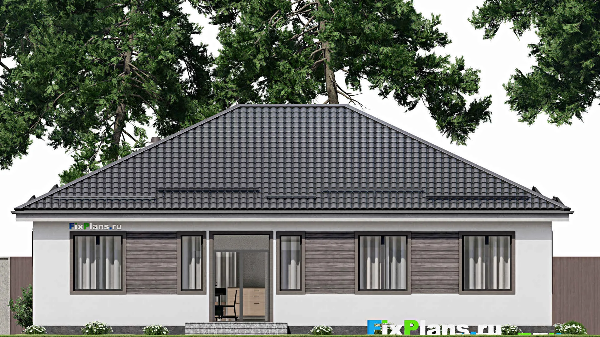 F-4004 - План одноэтажного дома 12 на 16, площадью 160 м² с террасой и 5 спальнями