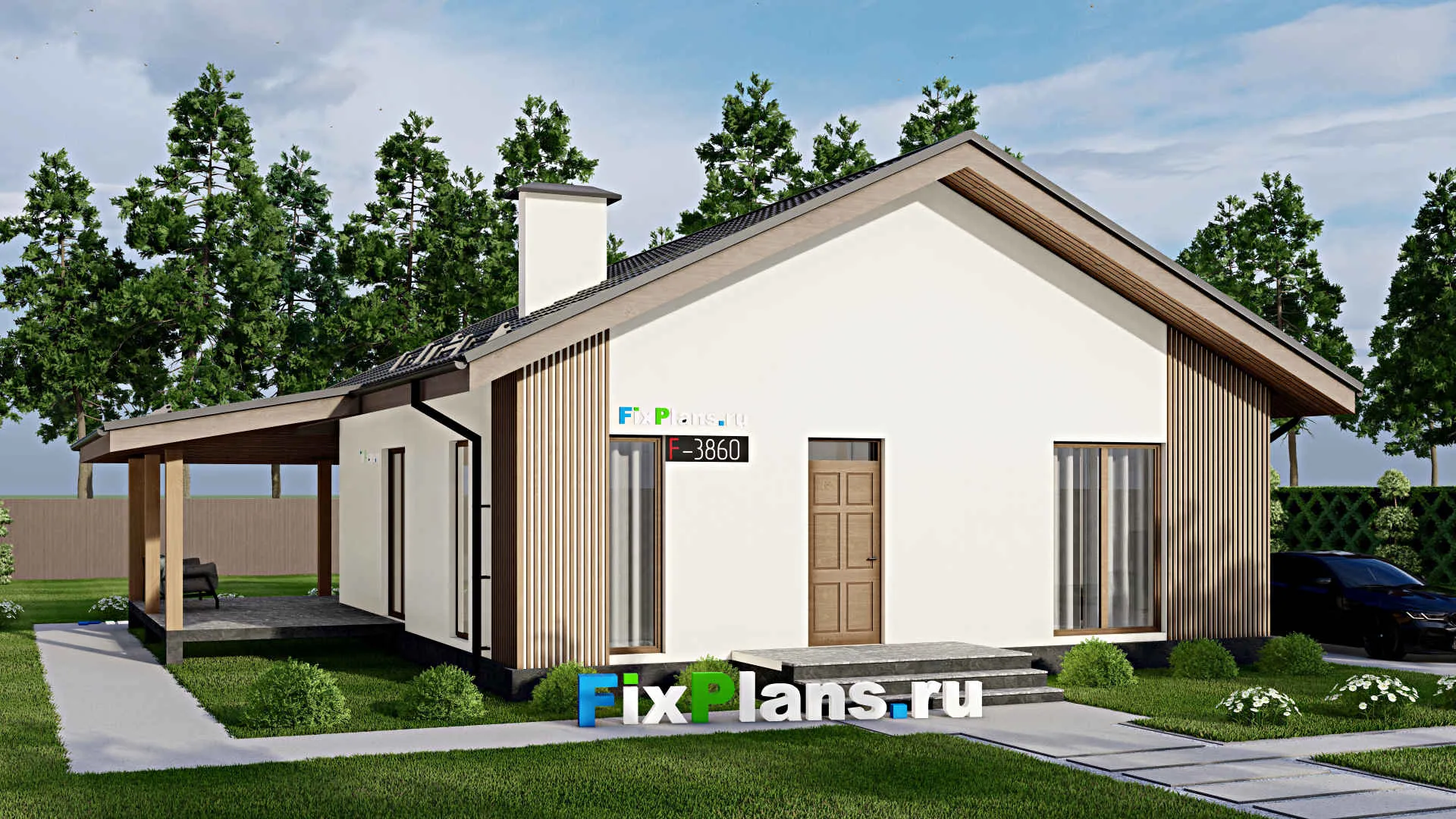 F-3860 - Проект одноэтажного дома 11 на 11, площадью 120 м² с террасой и 3 спальнями