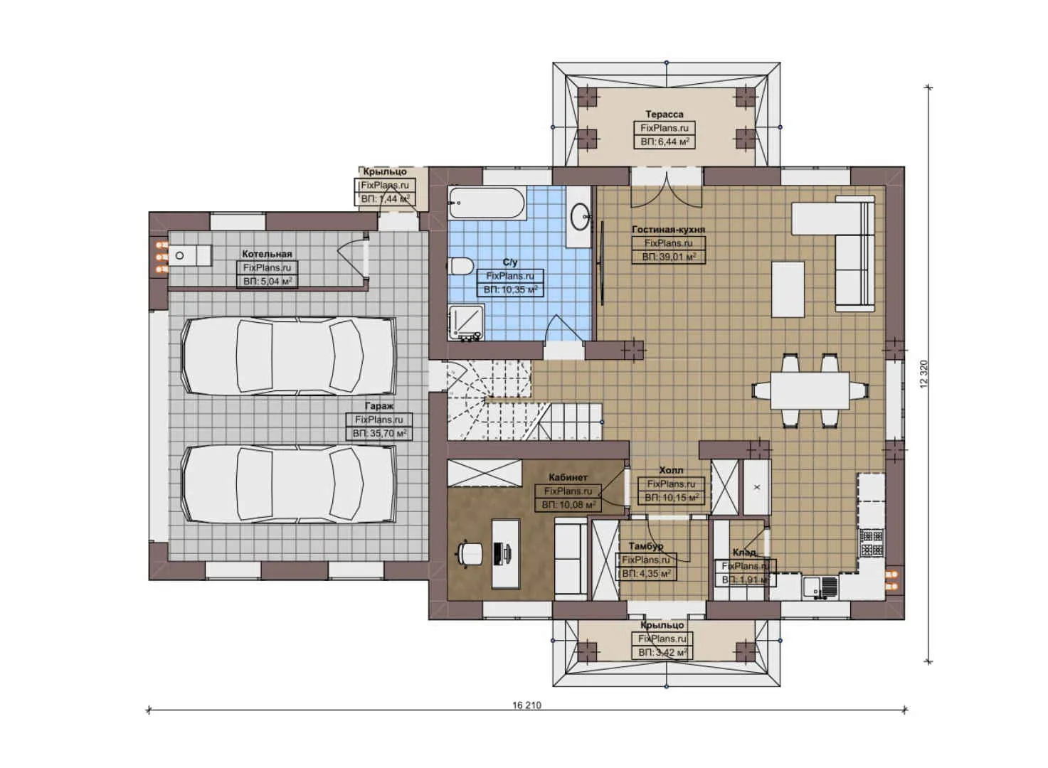 F-12338 - Планы двухэтажного дома 13 на 17, площадью 220 м² с террасой, балконом, гаражом на 2 машины и 3 спальнями