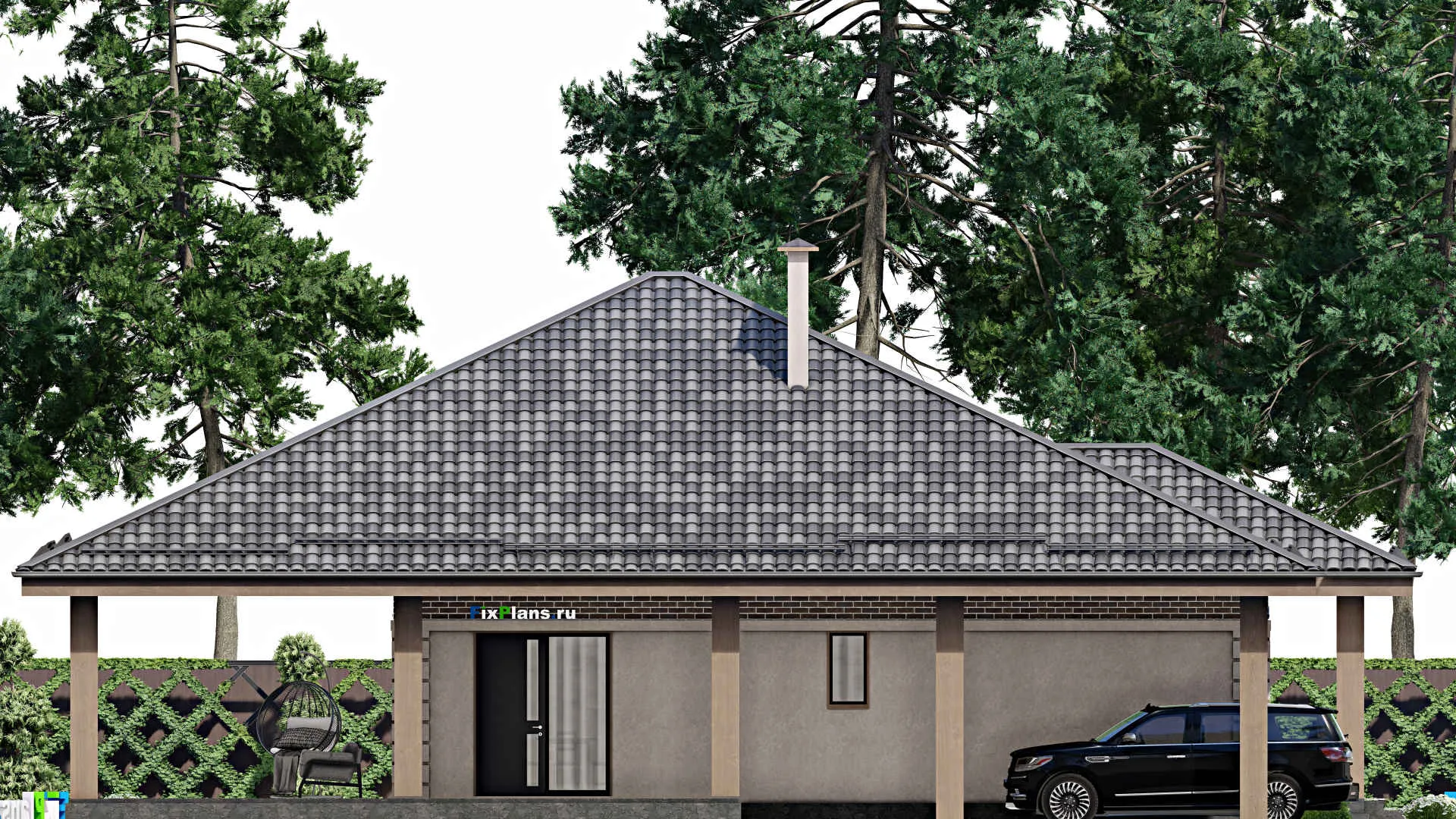 F-7730 - План одноэтажного дома 15 на 19, площадью 310 м² с террасой и 4 спальнями