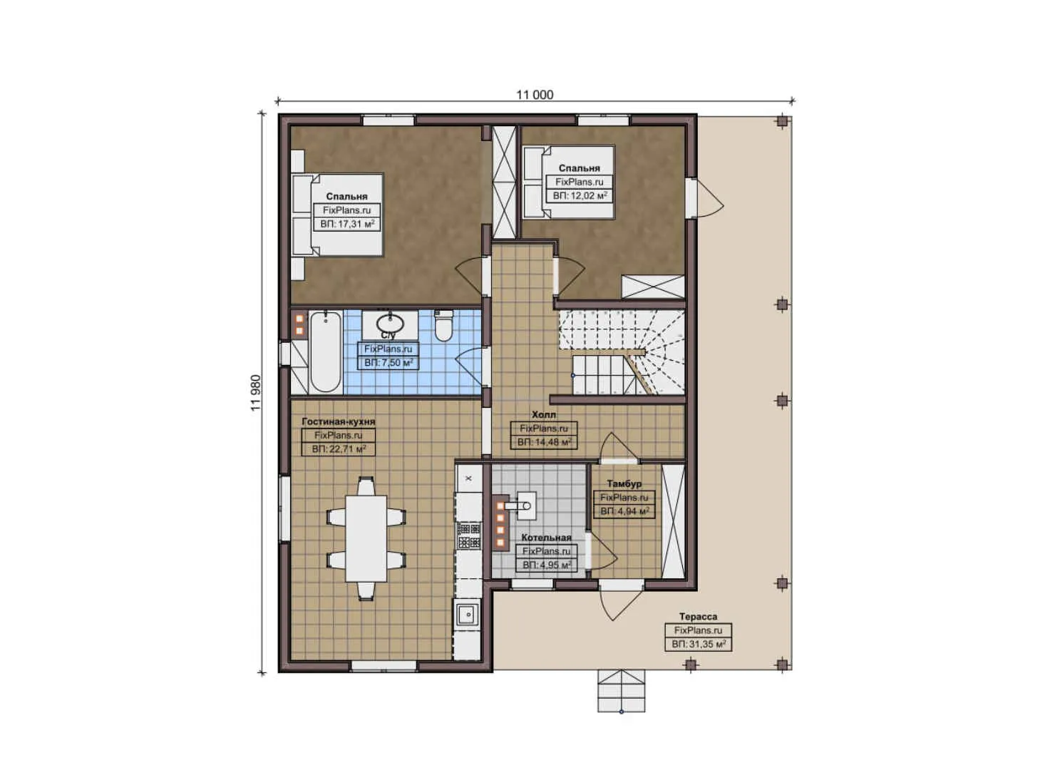 F-9638 - Планы дома с мансардой 11 на 12, площадью 210 м² с террасой, балконом и 6 спальнями