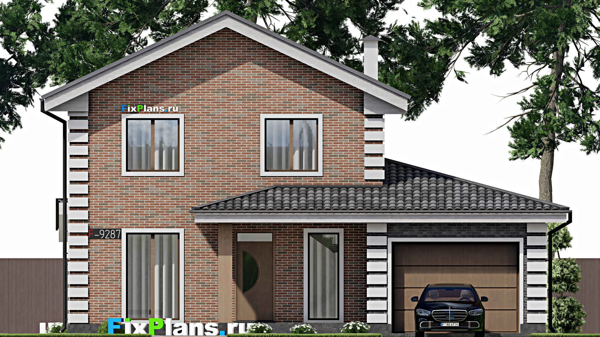 F-9287 - Проект двухэтажного дома 13 на 13, площадью 160 м² с террасой, гаражом на 1 машину и 4 спальнями