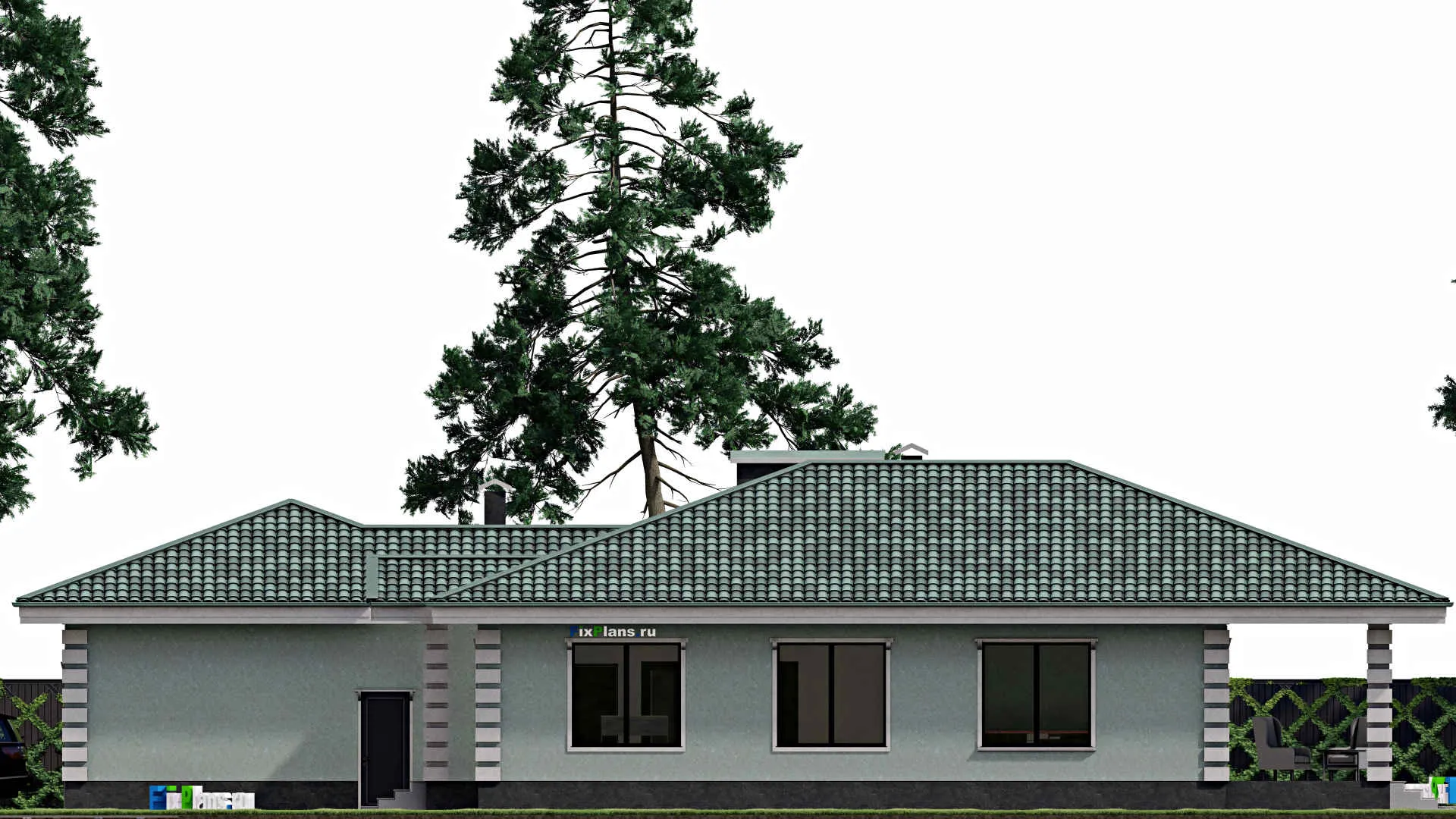 F-0962 - Проект одноэтажного дома 20 на 24, площадью 250 м² с террасой, гаражом на 2 машины и 3 спальнями