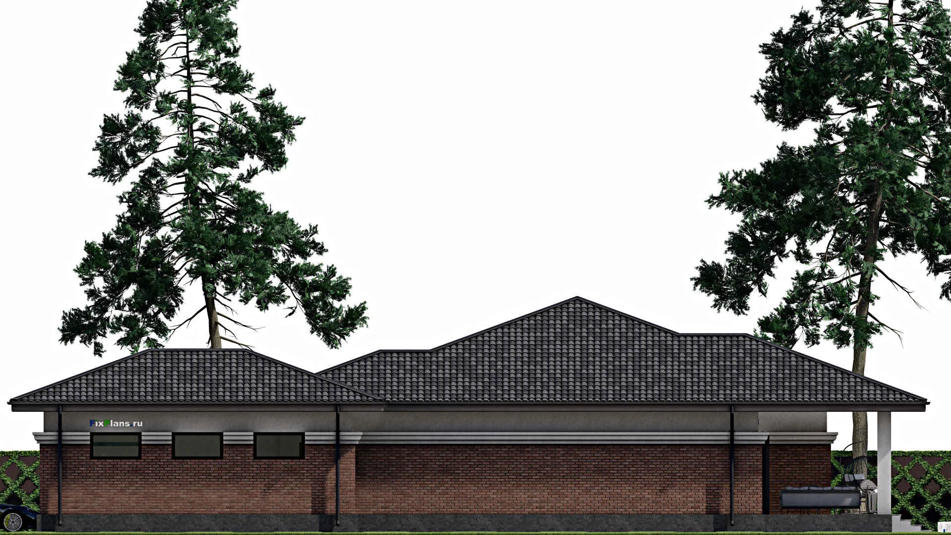 F-1808 - Проект одноэтажного дома 21 на 24, площадью 270 м² с террасой, гаражом на 2 машины и 4 спальнями