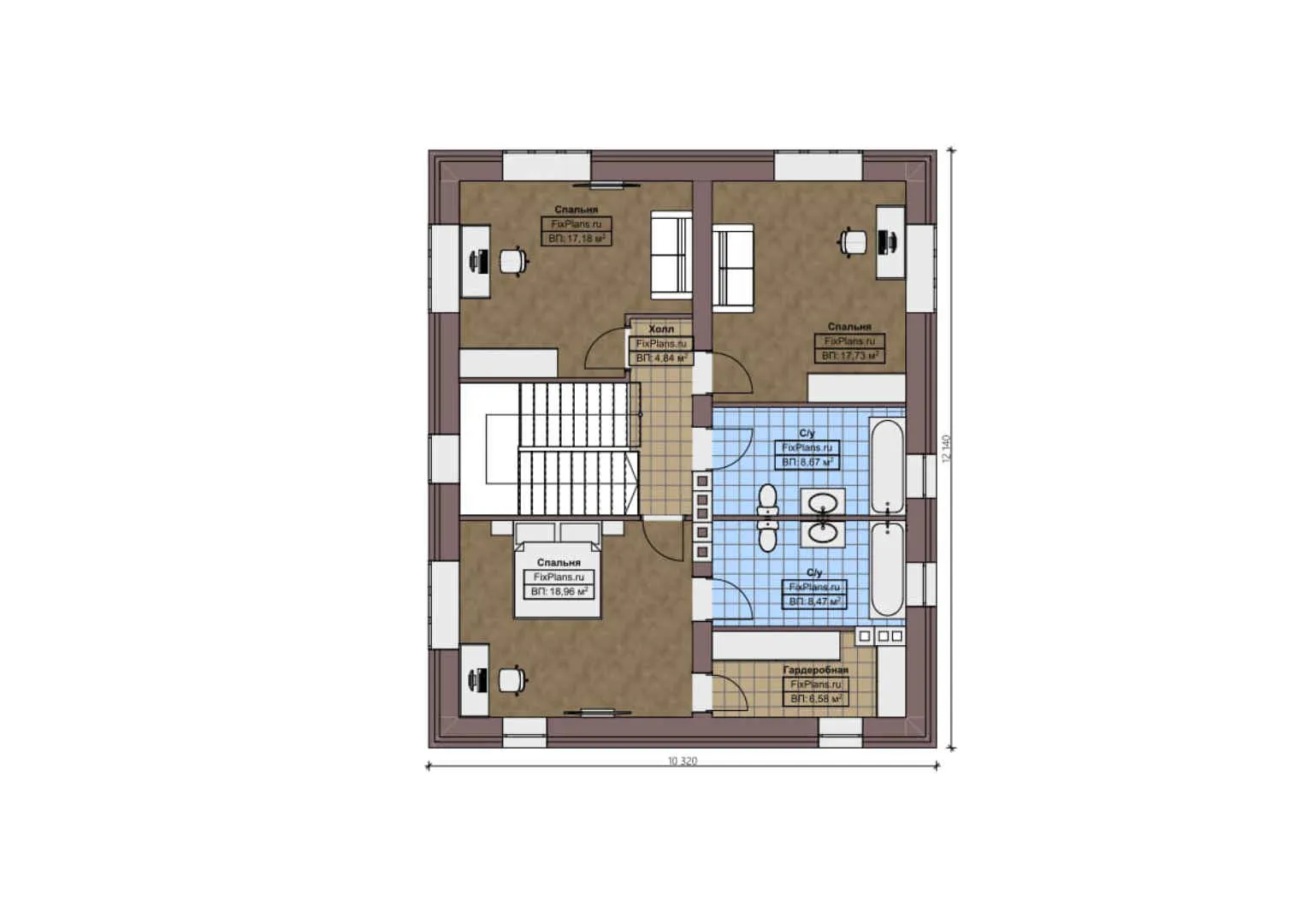 F-1151 - Планы двухэтажного дома 11 на 13, площадью 300 м² с террасой, гаражом на 1 машину и 4 спальнями