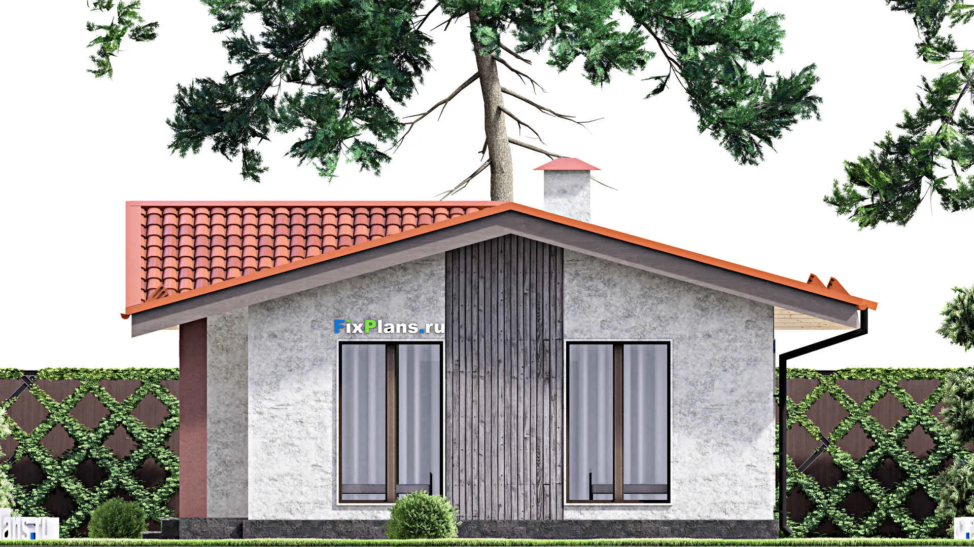 F-12959 - План одноэтажного дома 9 на 9, площадью 60 м² с террасой и 2 спальнями