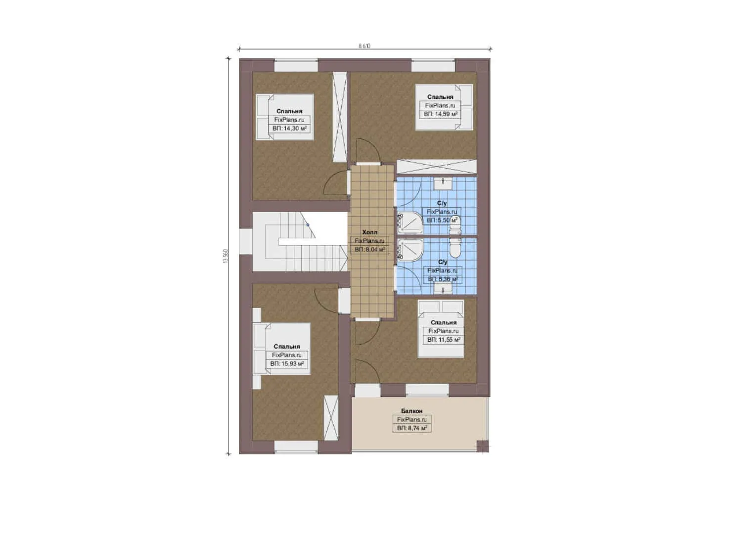 F-12608 - Планы дома с мансардой 9 на 14, площадью 180 м² с балконом и 4 спальнями