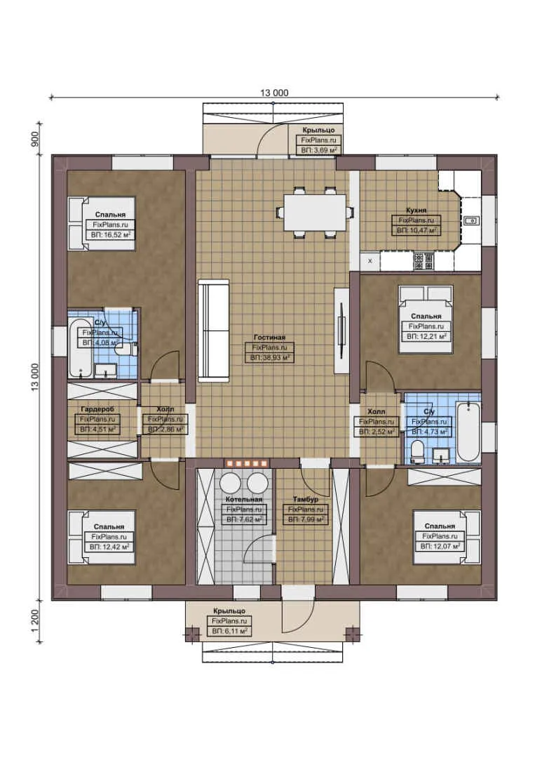 F-5399 - План одноэтажного дома 13 на 13, площадью 150 м² с 4 спальнями