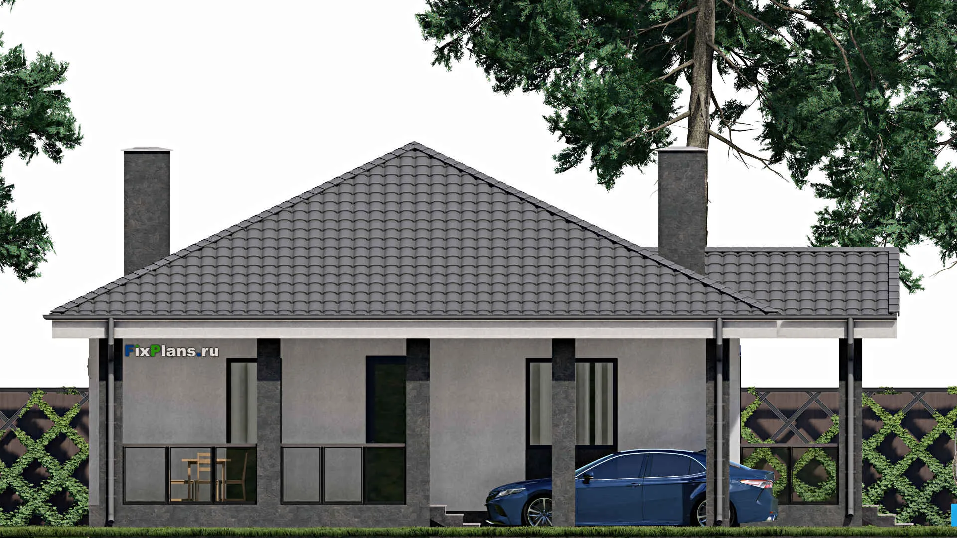 F-0251 - Проект одноэтажного дома 11 на 12, площадью 130 м² с террасой и 3 спальнями