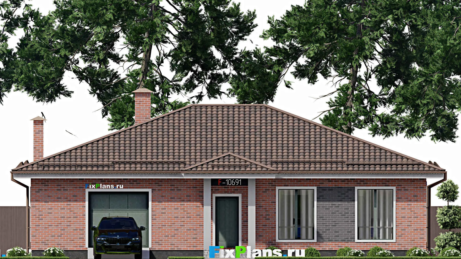 F-10691 - Проект одноэтажного дома 10 на 14, площадью 170 м² с гаражом на 2 машины и 3 спальнями