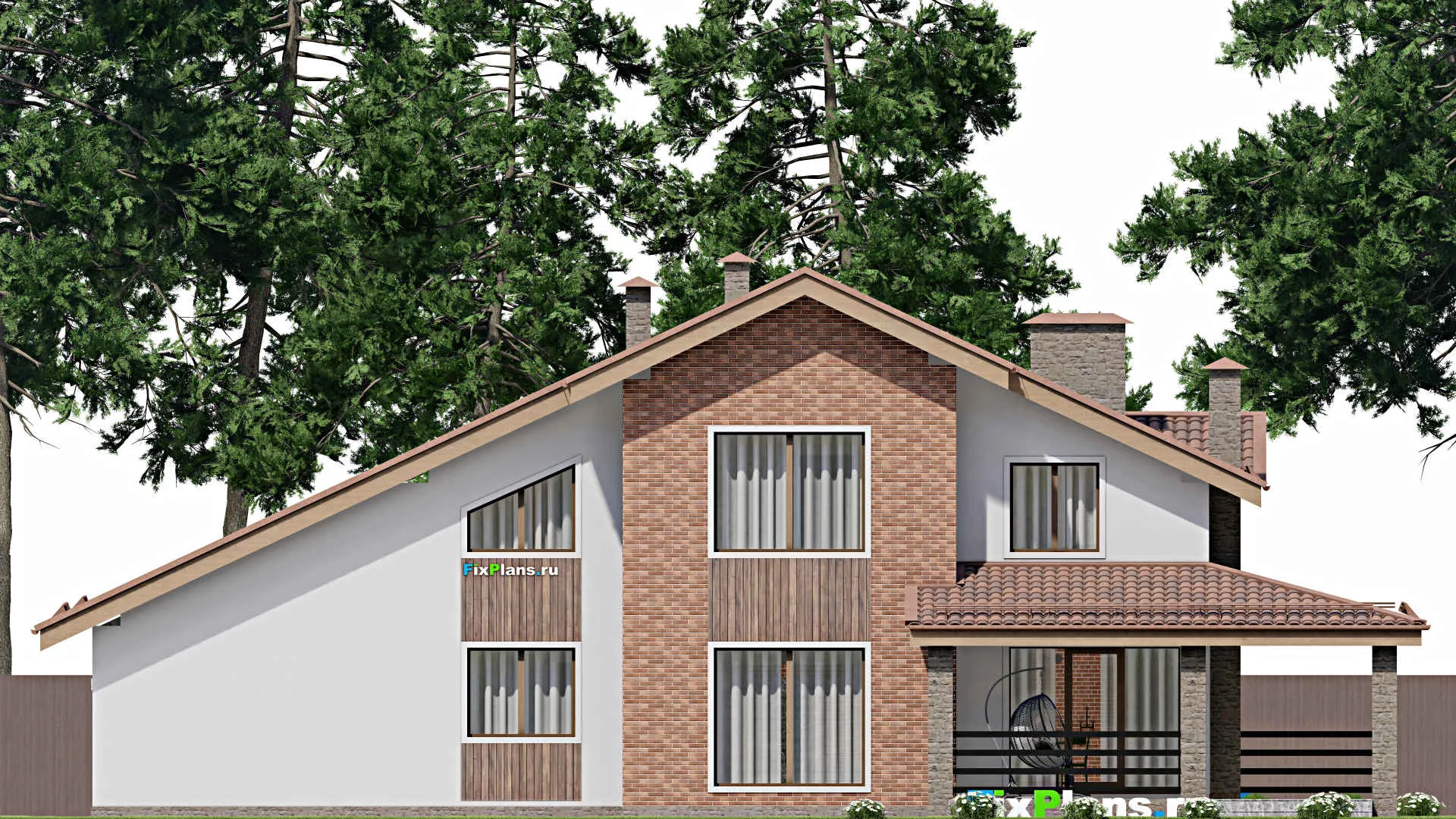 F-10520 - Проект дома с мансардой 14 на 22, площадью 270 м² с террасой, балконом, гаражом на 2 машины и 4 спальнями