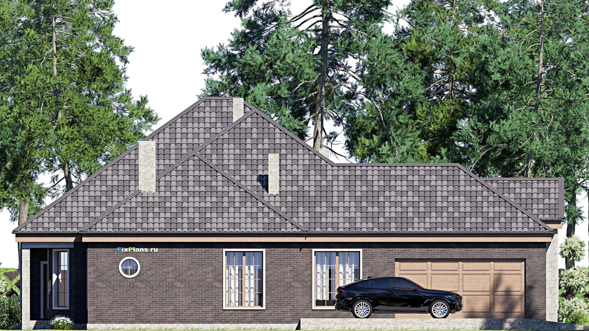 F-17171 - Проект одноэтажного дома 21 на 22, площадью 300 м² с террасой, гаражом на 2 машины и 5 спальнями