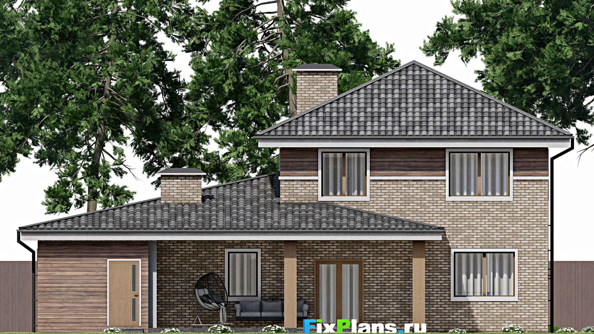 F-9278 - Проект двухэтажного дома 17 на 17, площадью 220 м² с террасой, гаражом на 1 машину и 4 спальнями