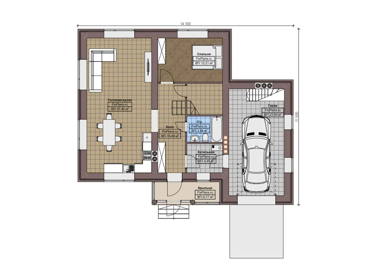 F-3077 - Планы двухэтажного дома 12 на 15, площадью 180 м² с гаражом на 1 машину и 4 спальнями