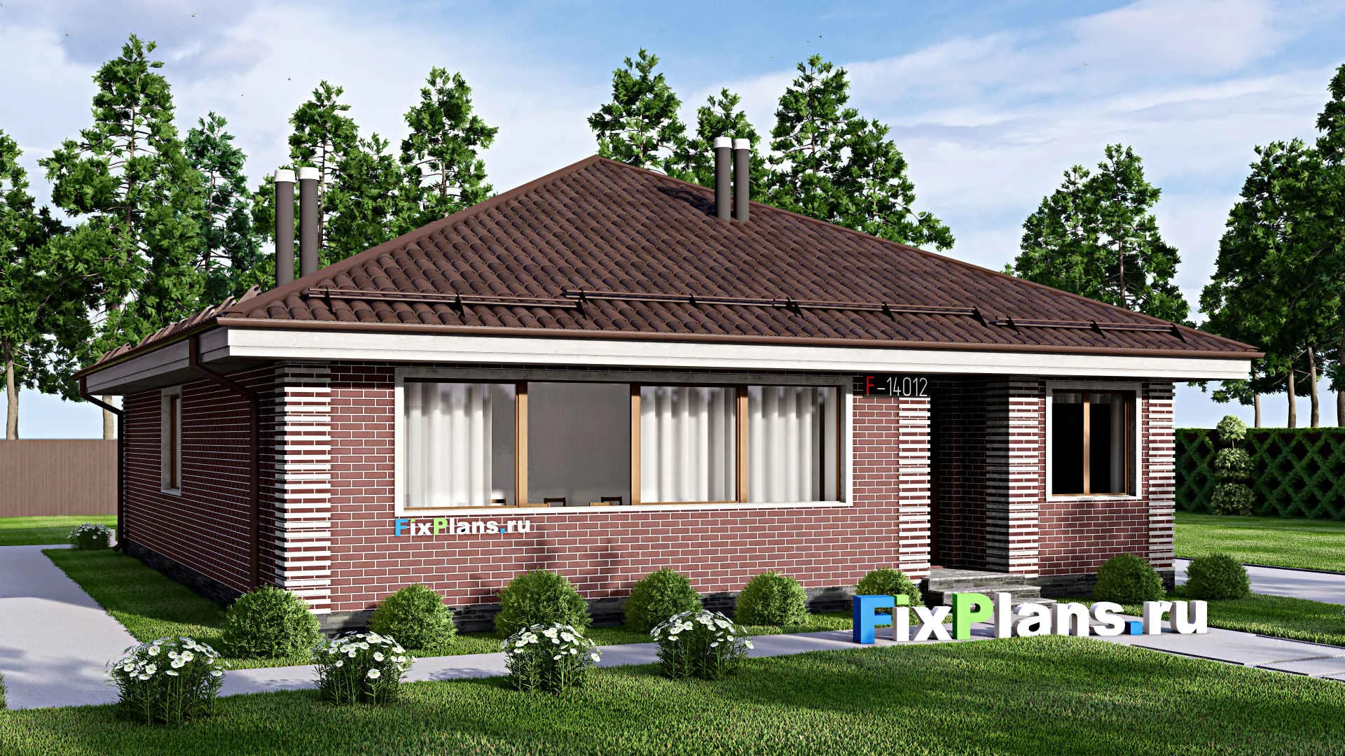 F-14012 - Проект одноэтажного дома 13 на 15, площадью 130 м² с террасой и 2 спальнями