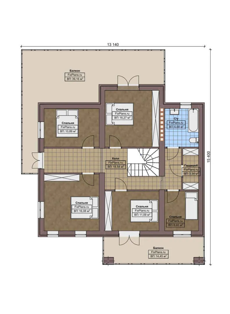 F-7109 - Планы двухэтажного дома 14 на 16, площадью 270 м² с террасой, балконом и 6 спальнями
