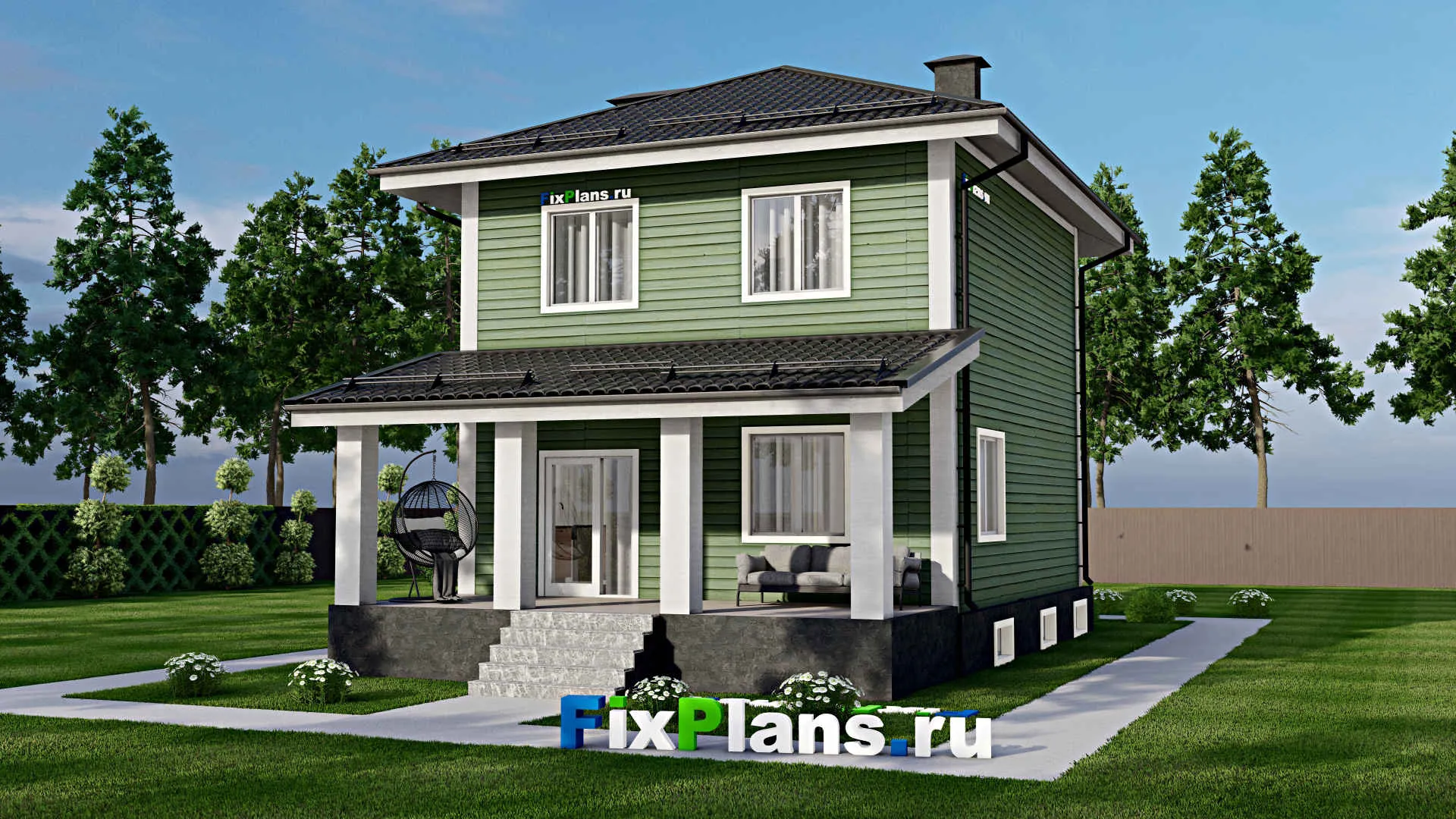 F-5336 - Планы двухэтажного дома 8 на 12, площадью 210 м² с террасой, цокольным этажом и 3 спальнями