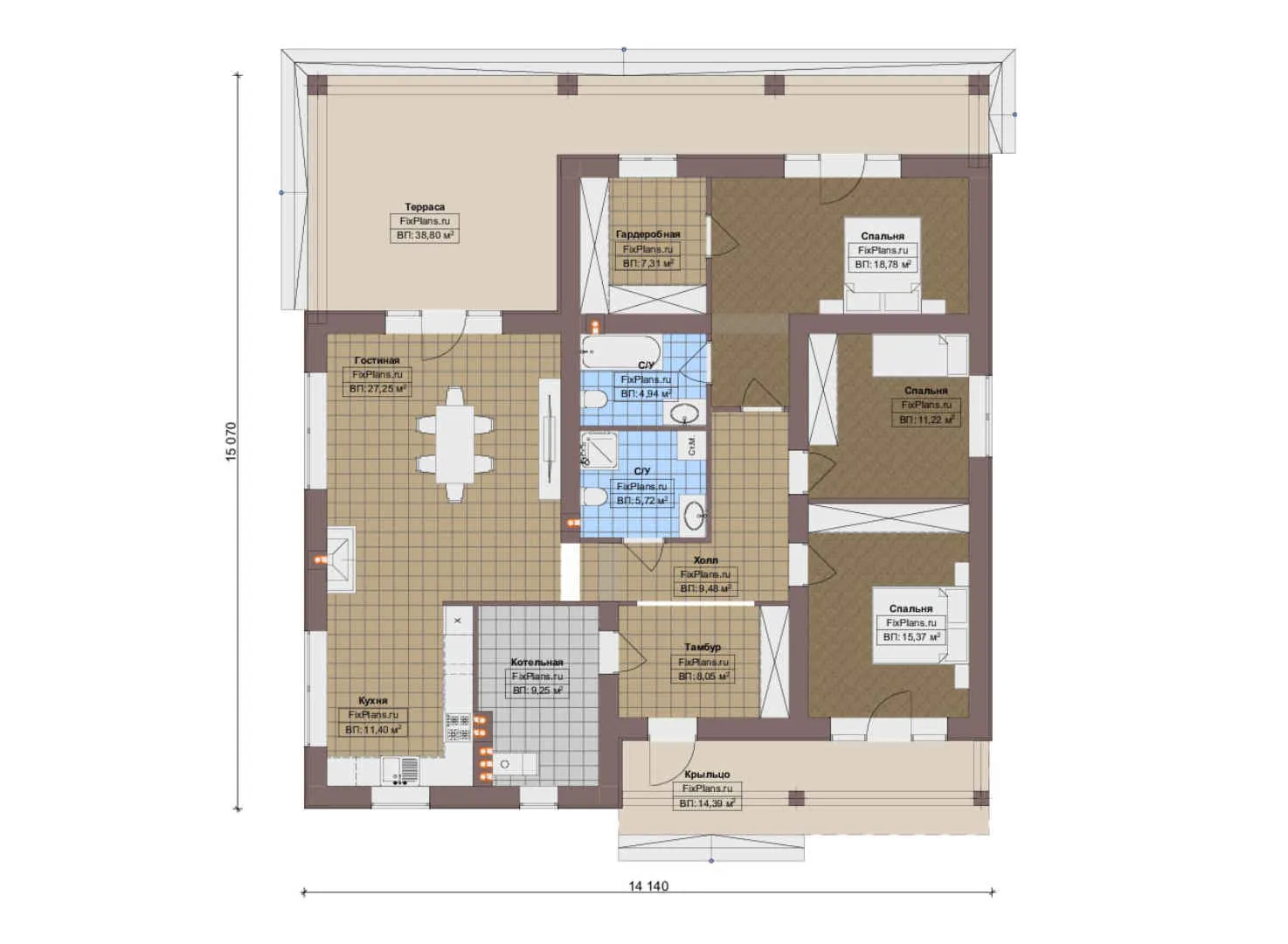 F-19016 - План одноэтажного дома 15 на 16, площадью 190 м² с террасой и 3 спальнями