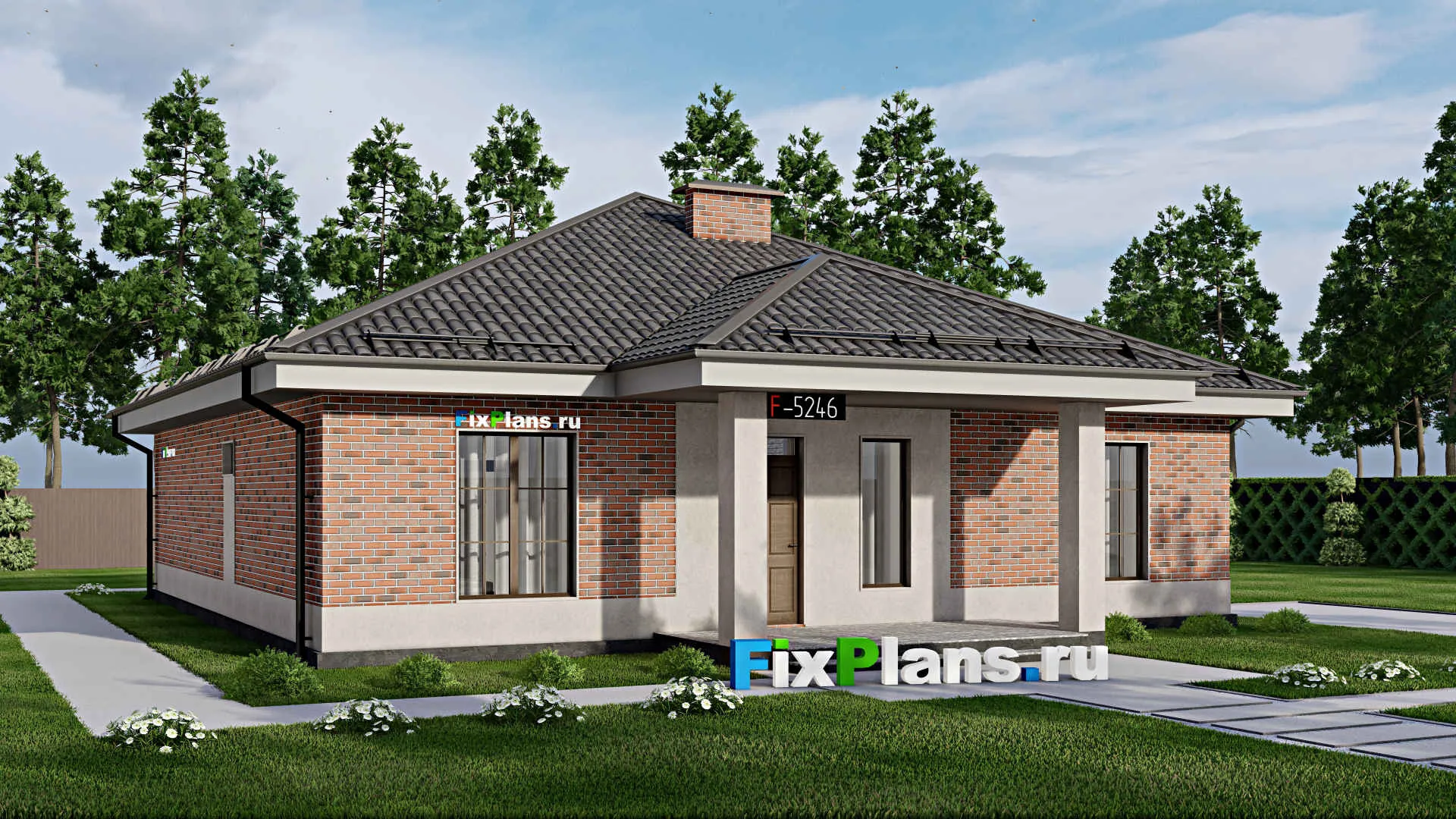 F-5246 - Проект одноэтажного дома 14 на 19, площадью 170 м² с террасой и 4 спальнями