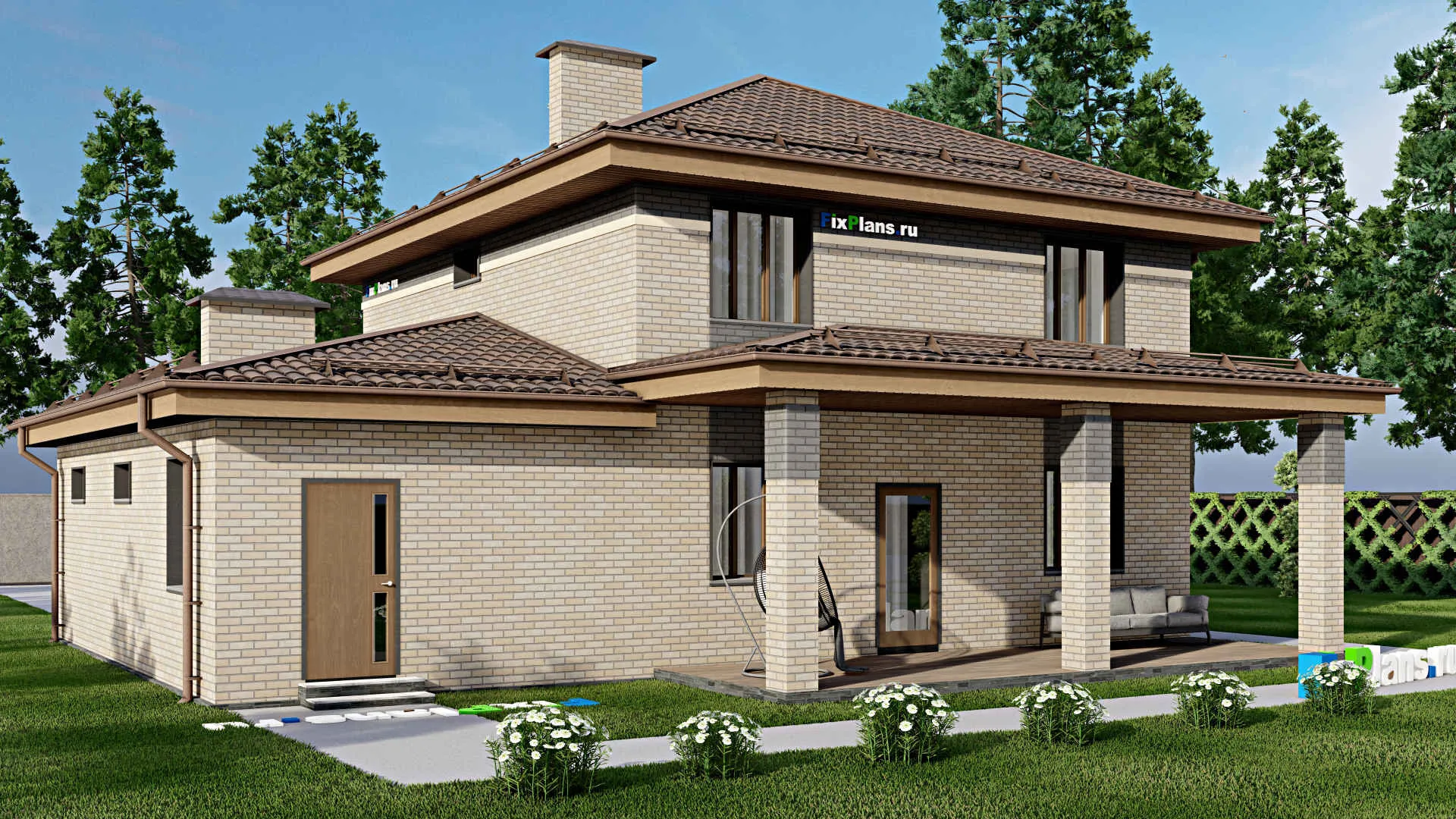 F-9152 - Проект двухэтажного дома 15 на 15, площадью 200 м² с террасой, балконом, гаражом на 1 машину и 6 спальнями