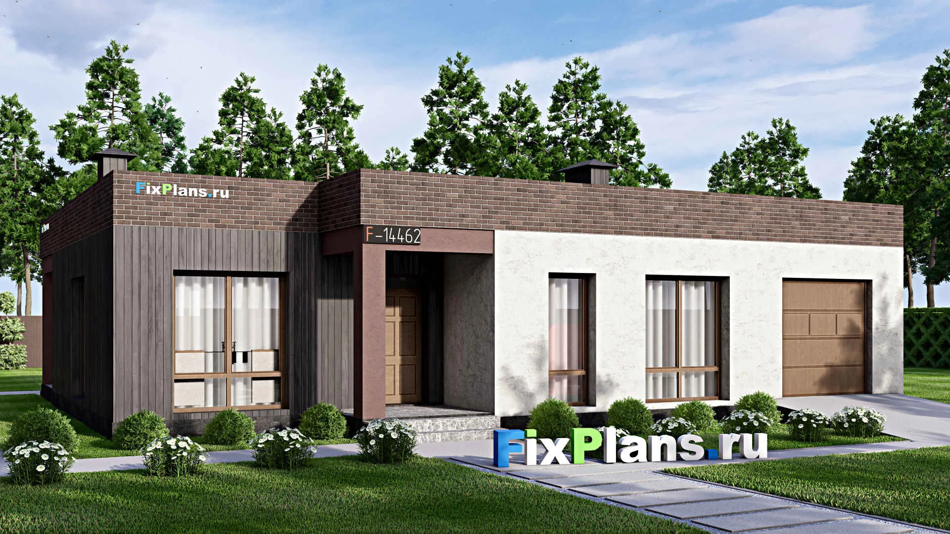 F-14462 - Проект одноэтажного дома 14 на 16, площадью 150 м² с террасой, гаражом на 1 машину и 3 спальнями