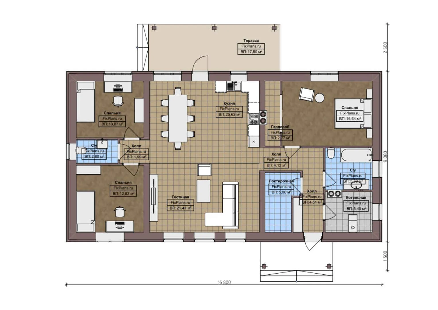 F-2294 - План одноэтажного дома 10 на 17, площадью 140 м² с террасой и 3 спальнями