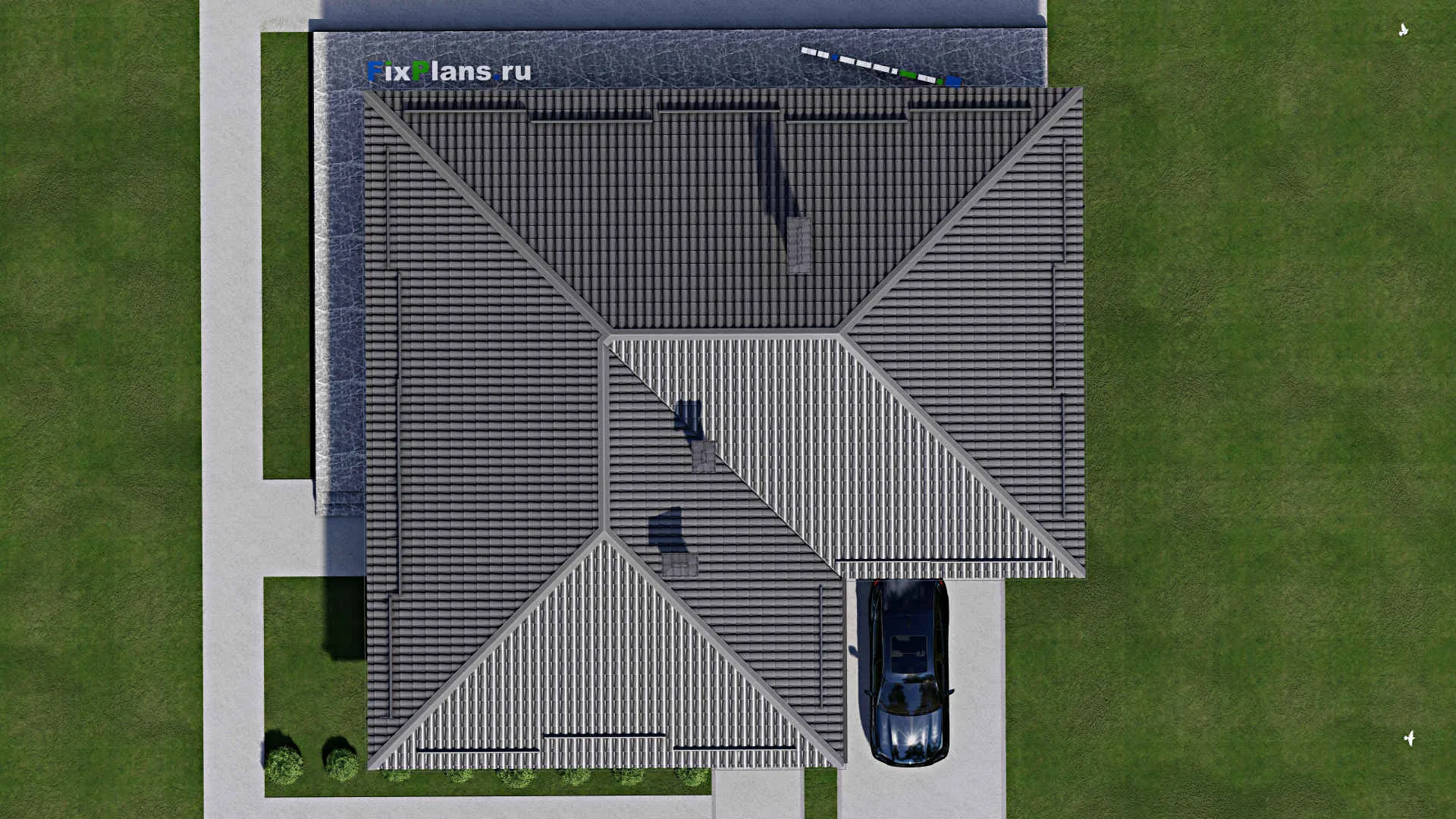 F-9665 - Проект одноэтажного дома 18 на 19, площадью 240 м² с террасой, гаражом на 1 машину и 3 спальнями
