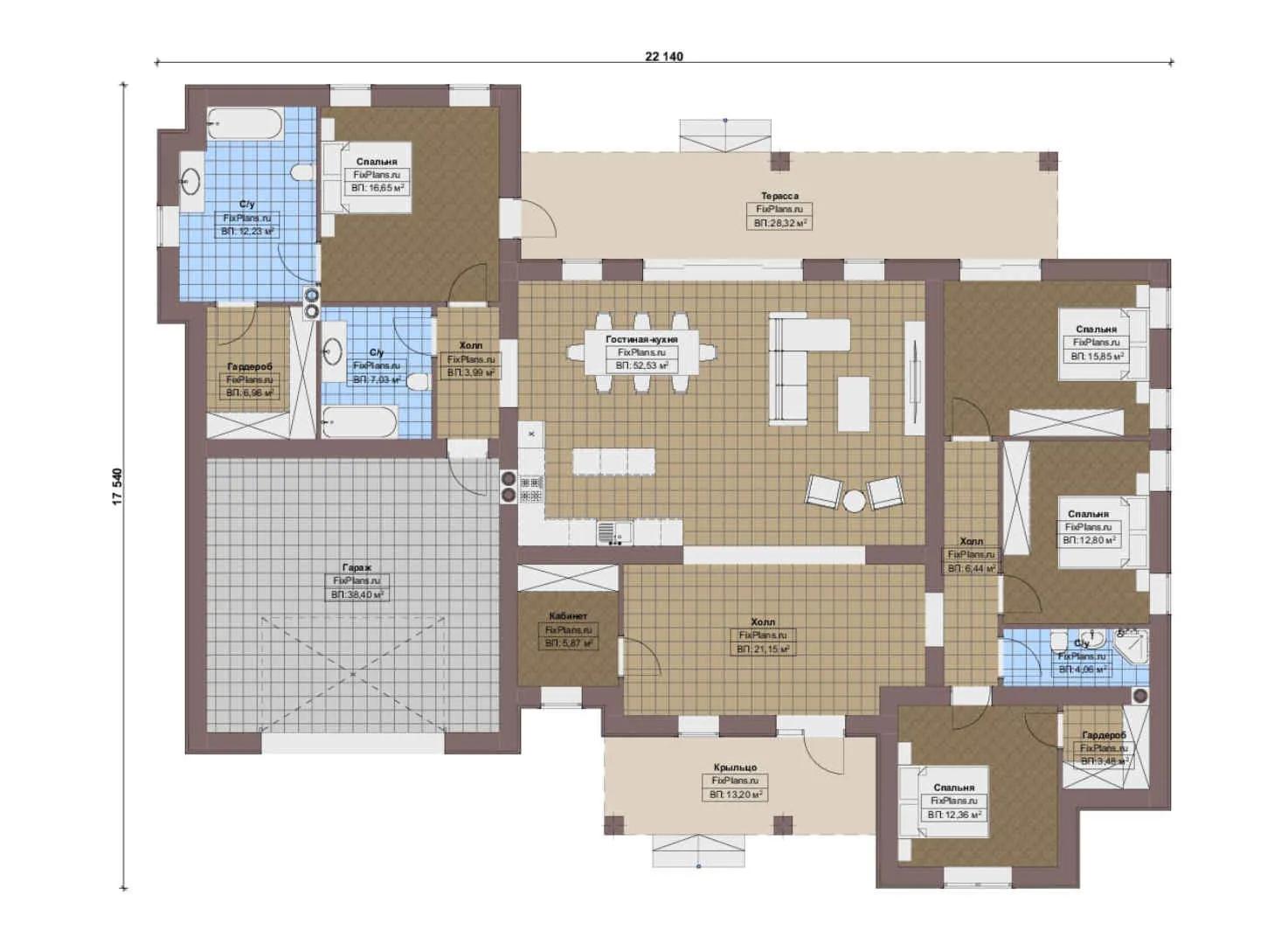 F-17117 - План одноэтажного дома 18 на 23, площадью 270 м² с террасой, гаражом на 2 машины и 4 спальнями