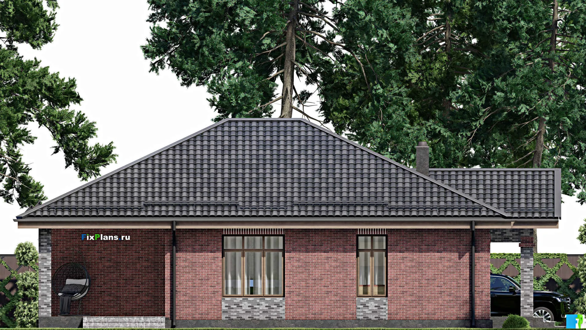 F-8468 - План одноэтажного дома 12 на 16, площадью 140 м² с террасой, баней и 2 спальнями