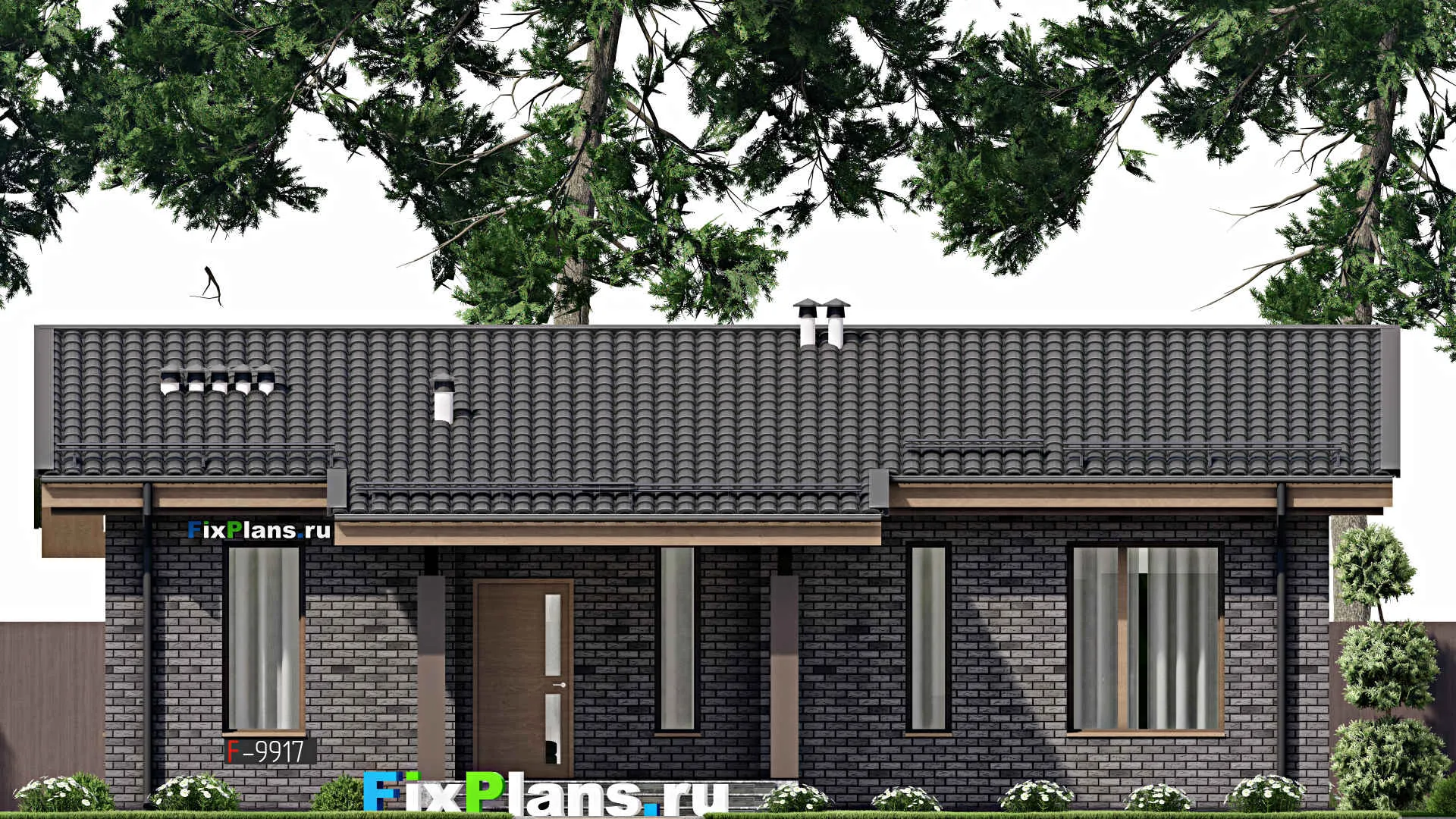 F-9917 - Проект одноэтажного дома 14 на 14, площадью 130 м² с террасой и 3 спальнями