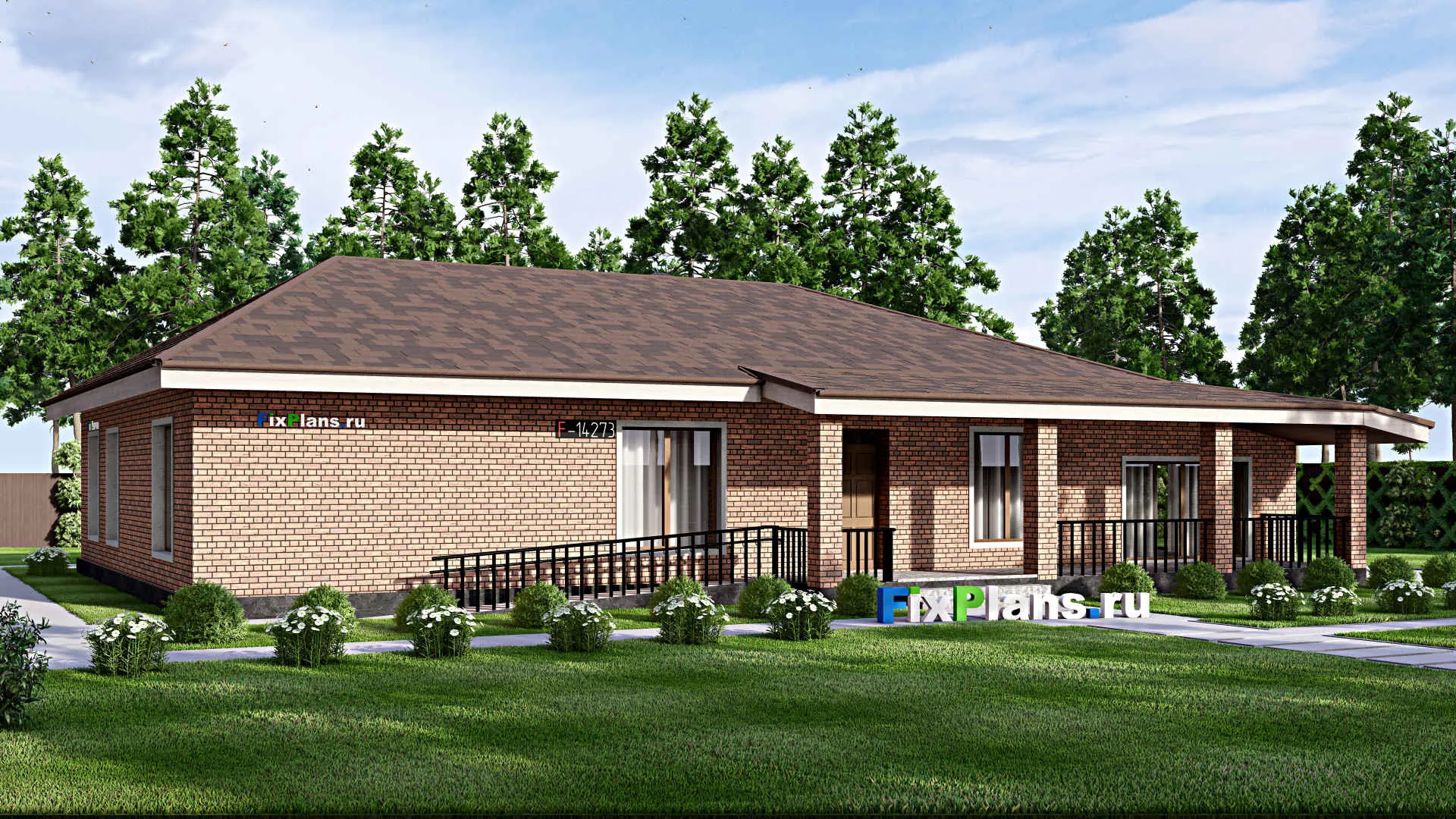 F-14273 - Проект одноэтажного дома 16 на 22, площадью 240 м² с террасой и 4 спальнями