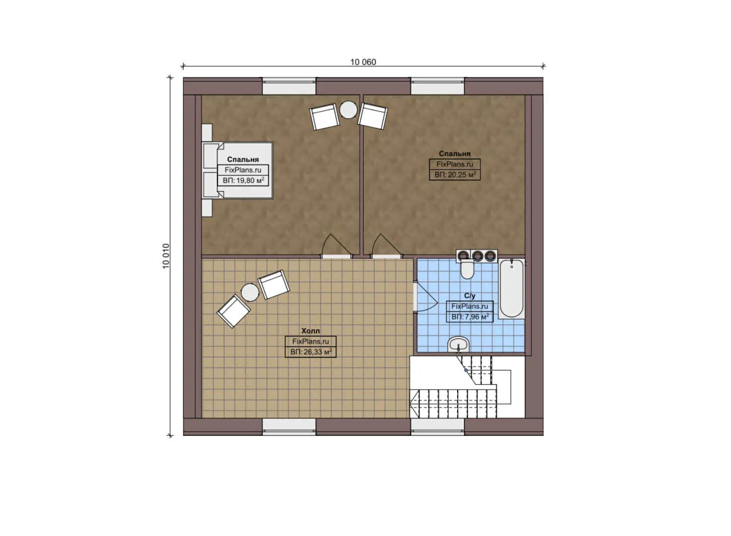 F-4157 - Планы дома с мансардой 11 на 11, площадью 190 м² с террасой и 4 спальнями