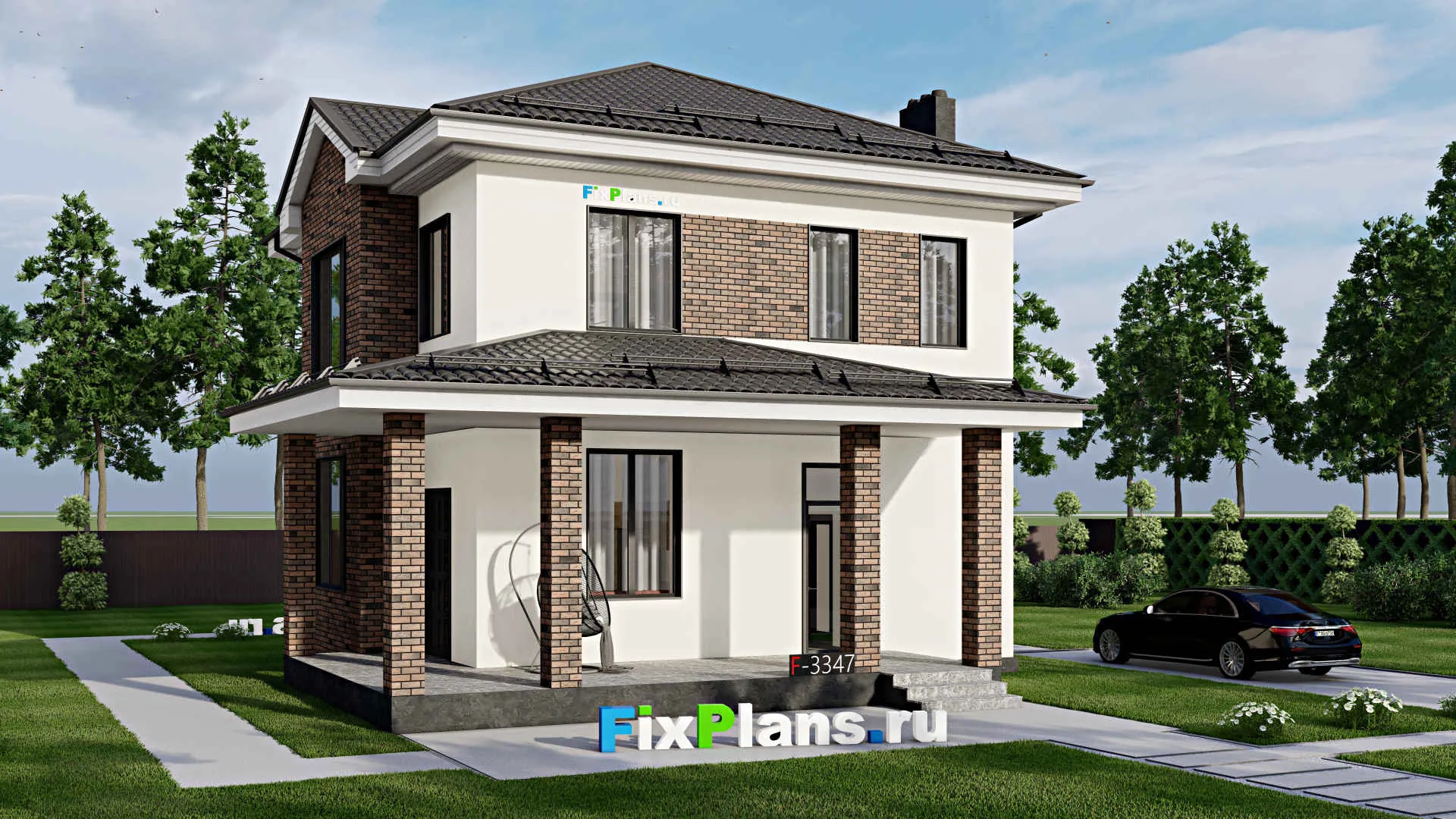 F-3347 - Проект двухэтажного дома 11 на 11, площадью 180 м² с террасой и 4 спальнями