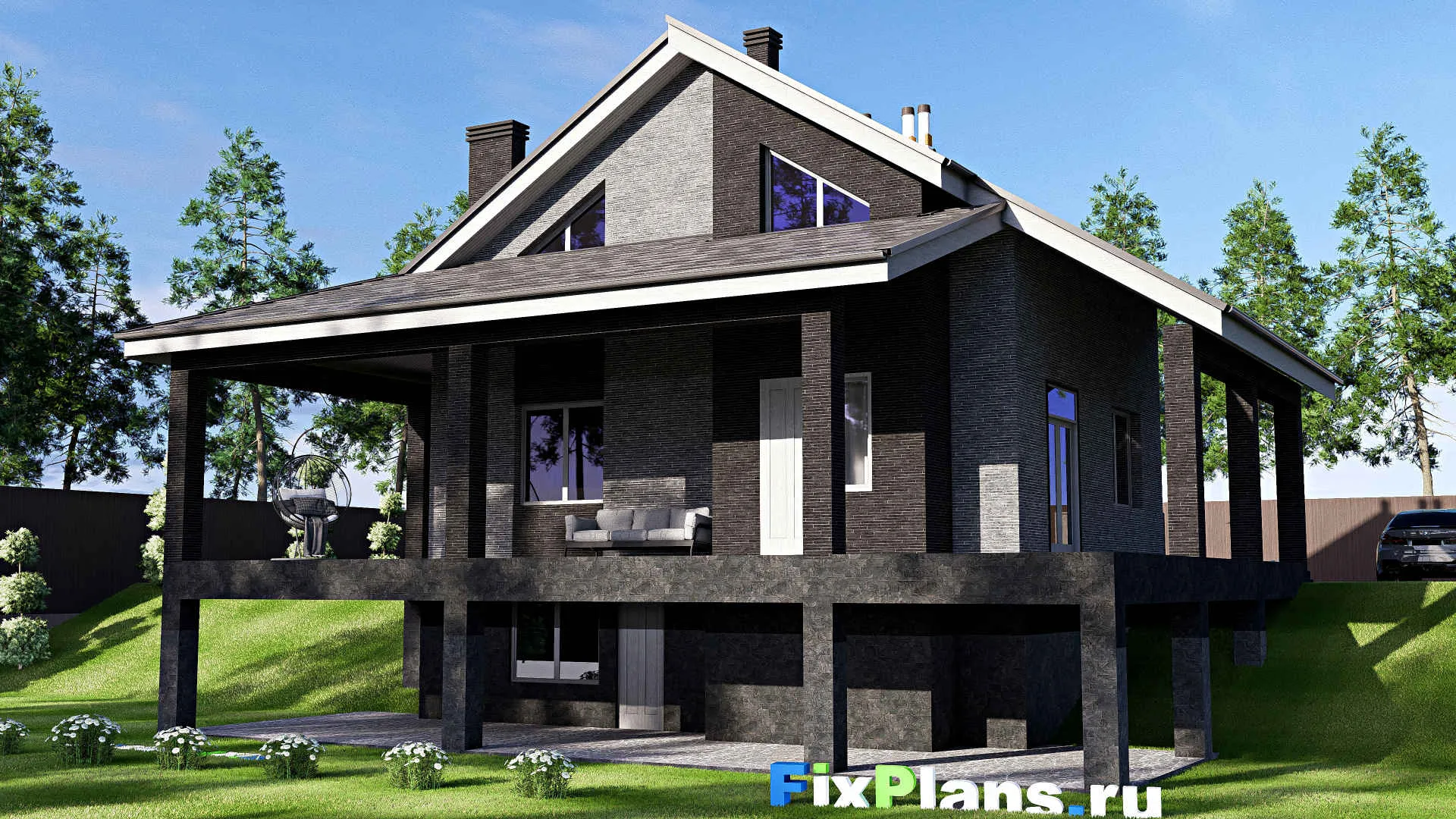 F-18980 - Проект дома с мансардой 12 на 16, площадью 230 м² с террасой, цокольным этажом и 3 спальнями