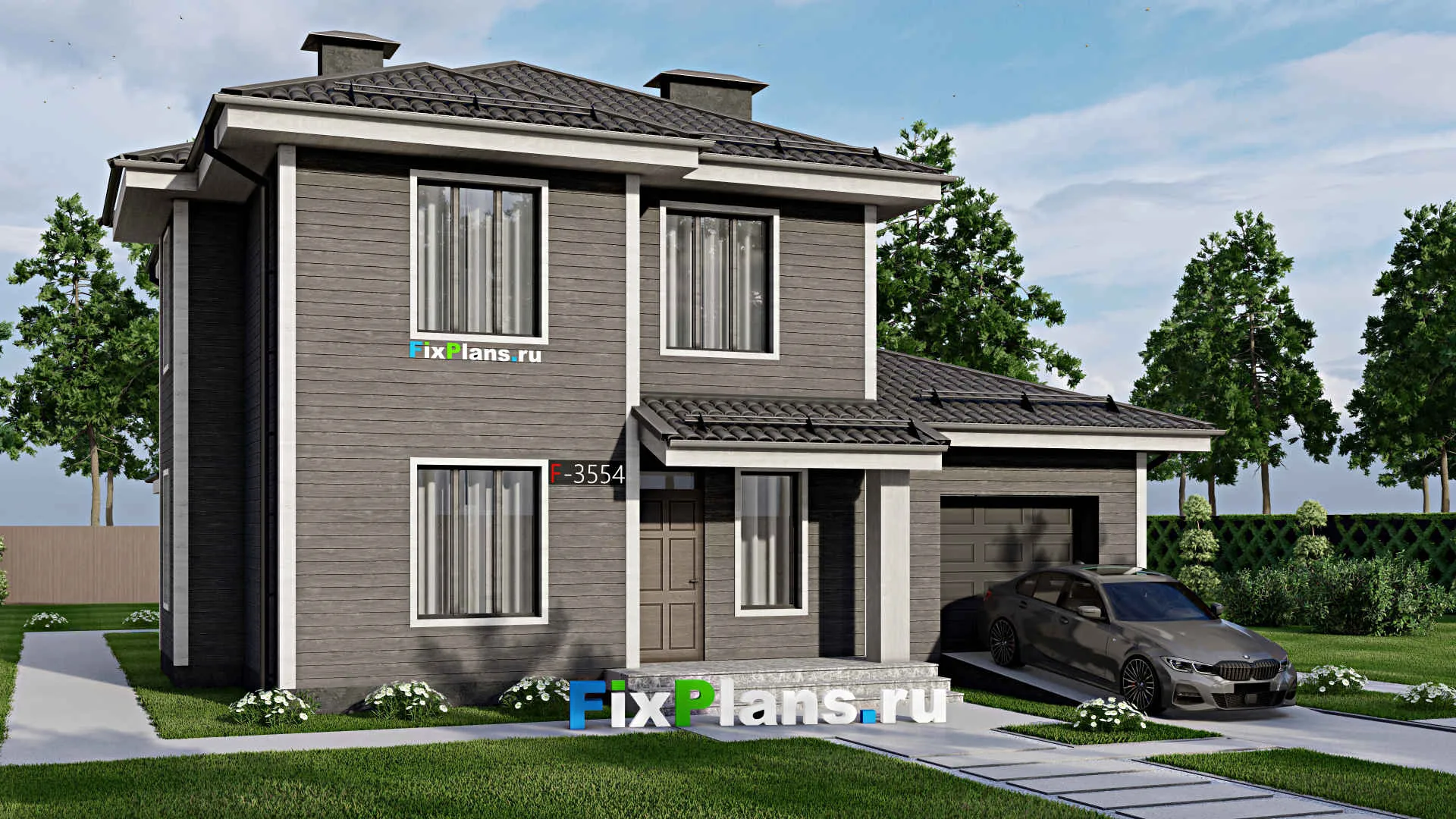 F-3554 - Проект двухэтажного дома 12 на 13, площадью 190 м² с террасой, гаражом на 2 машины и 5 спальнями