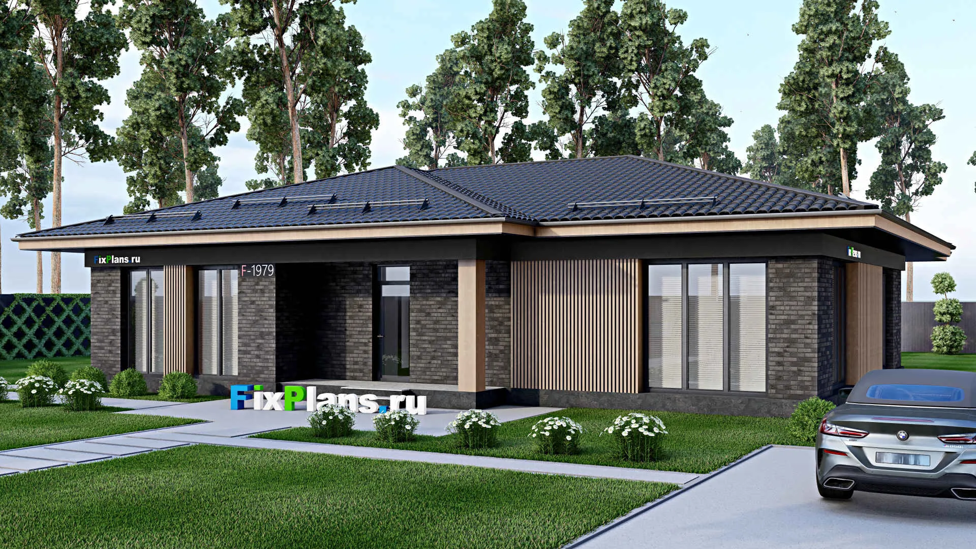 F-1979 - Проект одноэтажного дома 13 на 17, площадью 200 м² с террасой и 3 спальнями