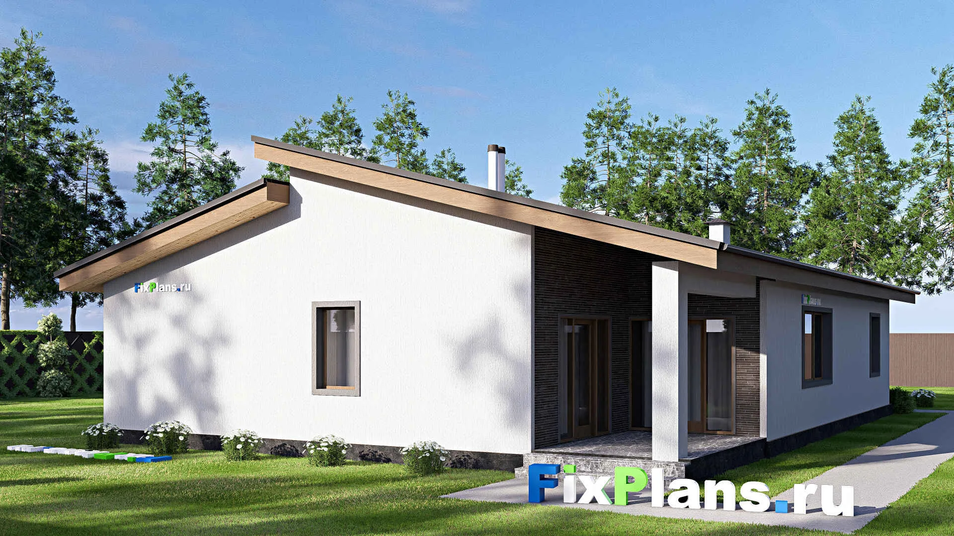 F-19970 - Проект одноэтажного дома 13 на 17, площадью 170 м² с террасой, гаражом на 1 машину и 3 спальнями