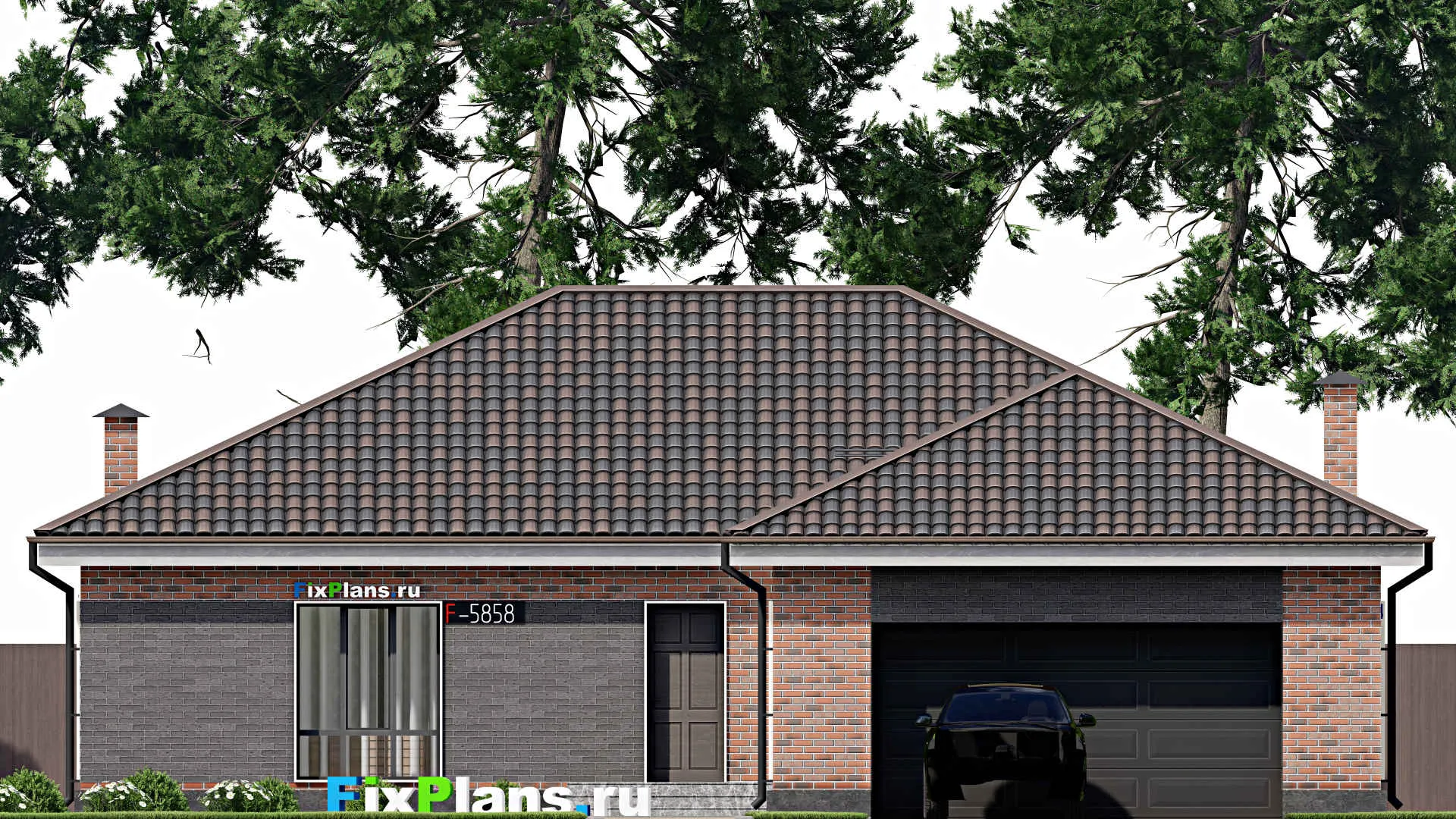 F-5858 - Проект одноэтажного дома 16 на 18, площадью 190 м² с гаражом на 2 машины и 3 спальнями