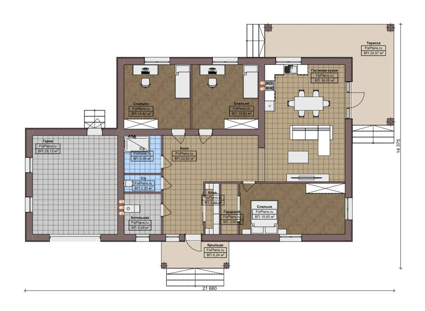 F-6884 - План одноэтажного дома 15 на 22, площадью 190 м² с террасой, гаражом на 1 машину и 3 спальнями
