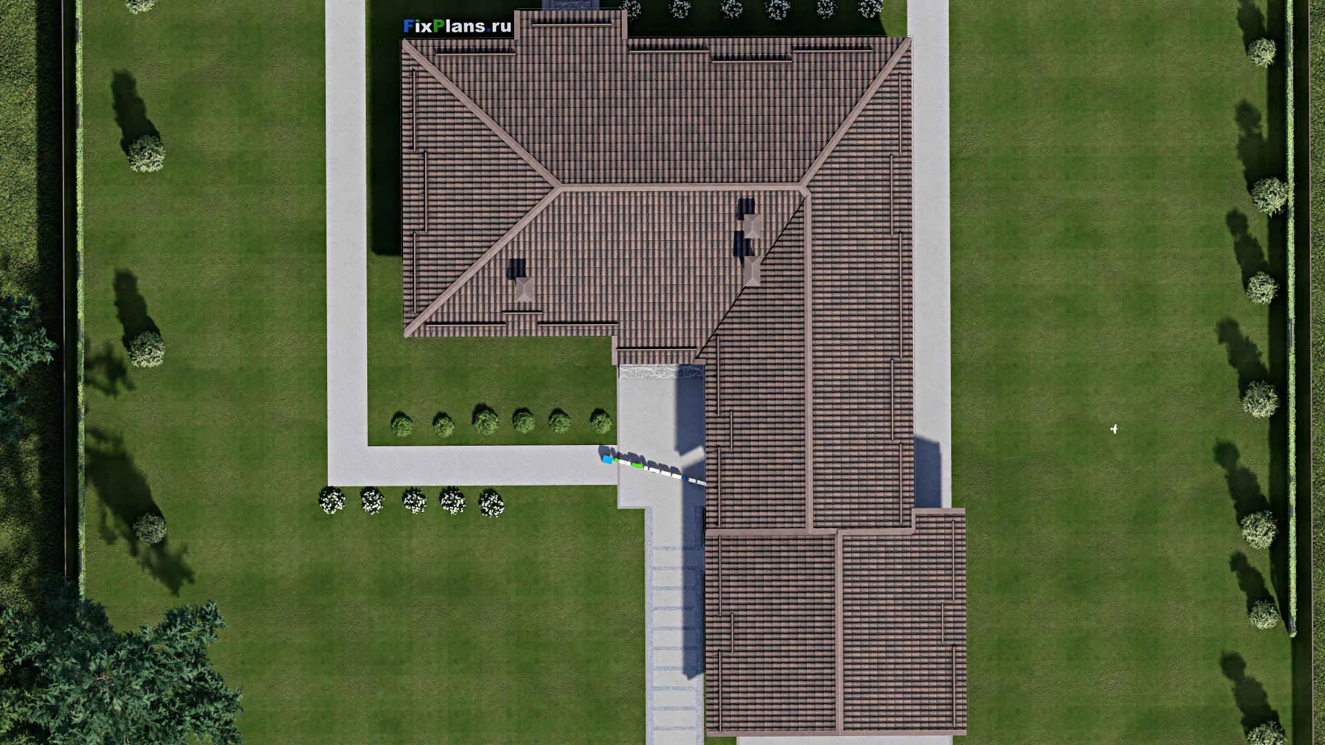 F-6317 - Проект одноэтажного дома 18 на 18, площадью 180 м² с баней, гаражом на 2 машины и 3 спальнями