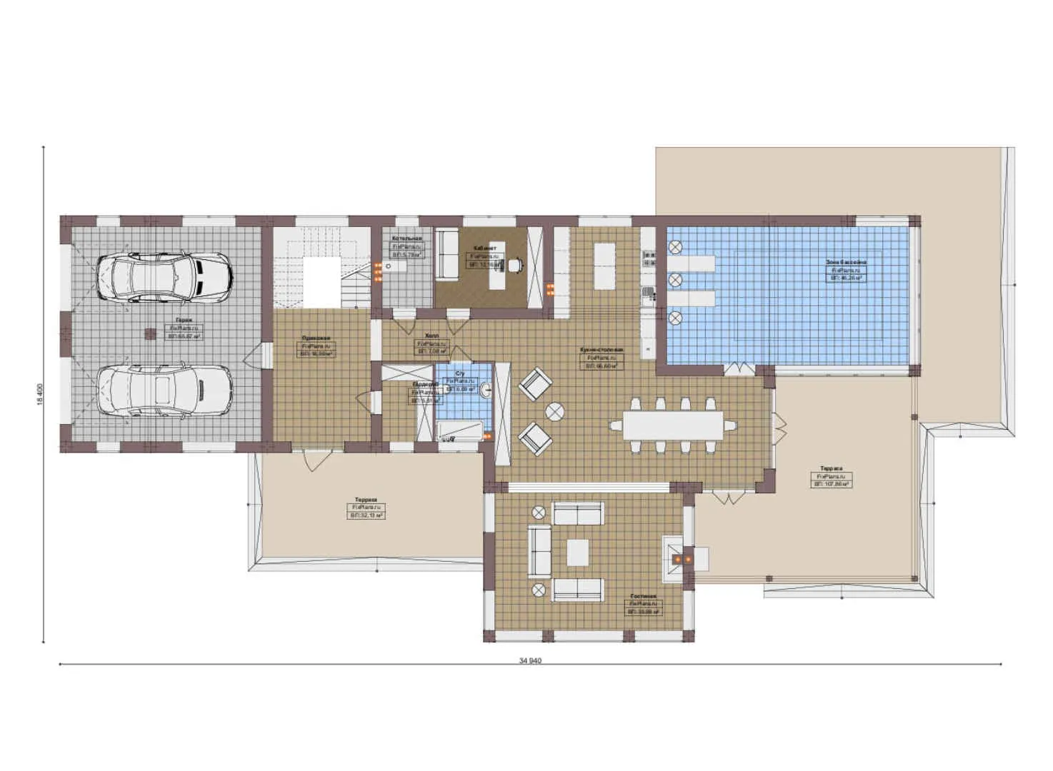 F-18899 - Планы двухэтажного дома 19 на 35, площадью 610 м² с террасой, балконом, гаражом на 2 машины, бассейном и 4 спальнями