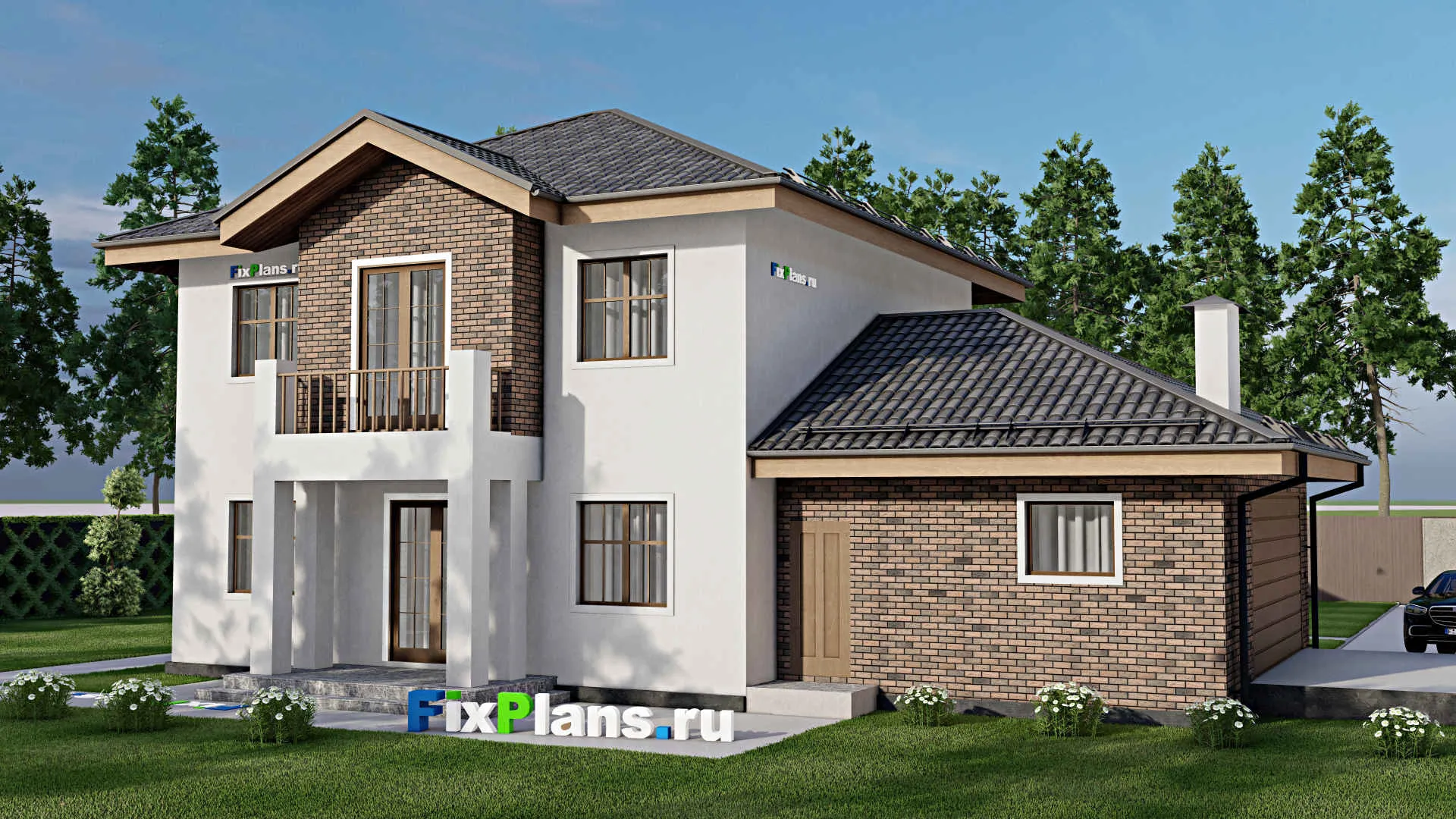 F-12338 - Проект двухэтажного дома 13 на 17, площадью 220 м² с террасой, балконом, гаражом на 2 машины и 3 спальнями