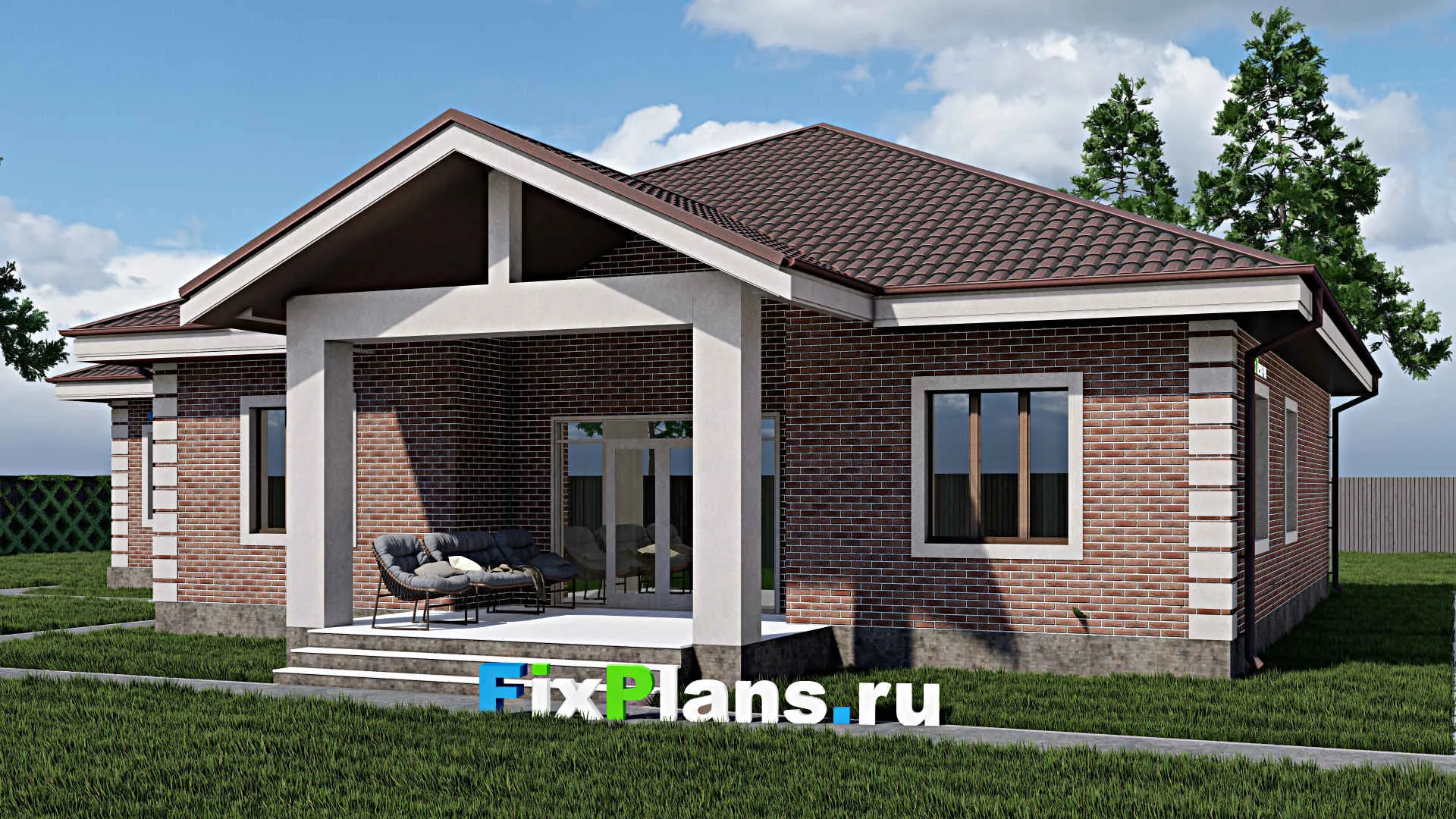 F-0674 - Проект одноэтажного дома 20 на 22, площадью 270 м² с террасой, гаражом на 2 машины и 4 спальнями