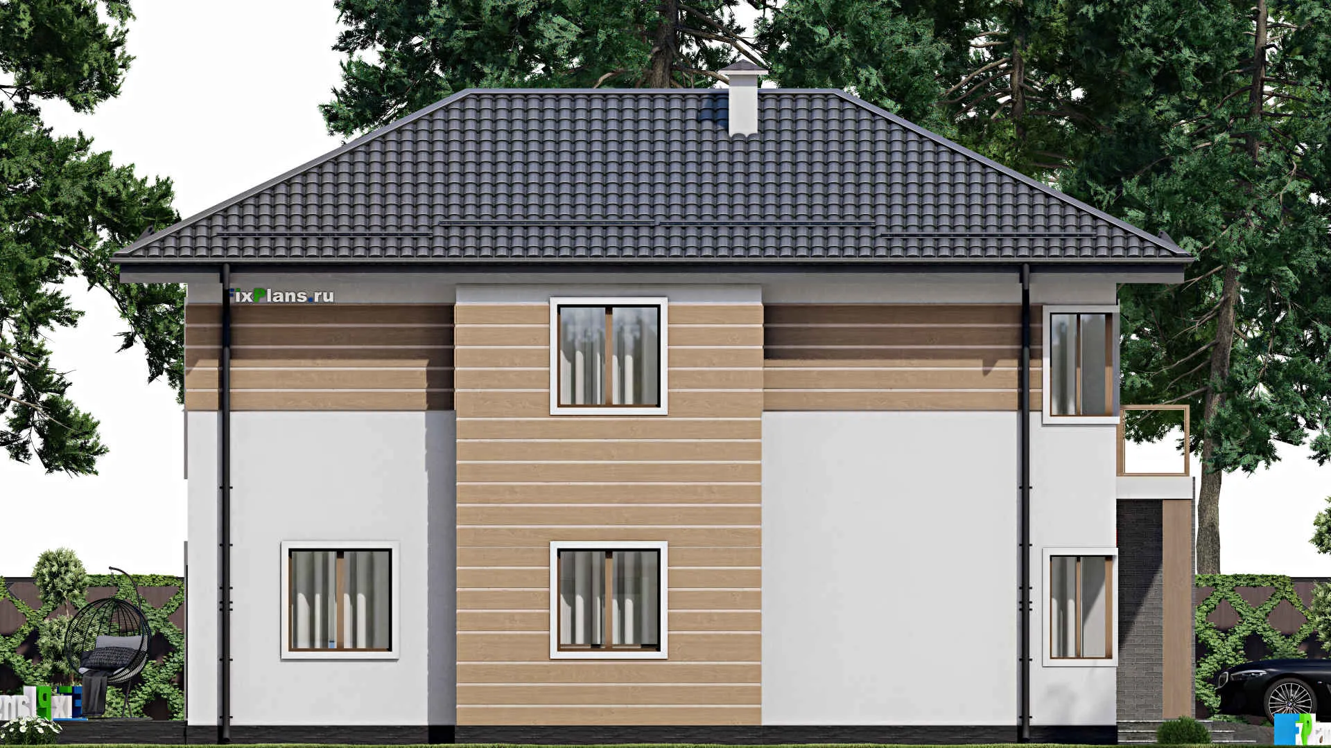 F-8774 - Проект двухэтажного дома 14 на 18, площадью 270 м² с террасой, балконом, гаражом на 1 машину и 4 спальнями