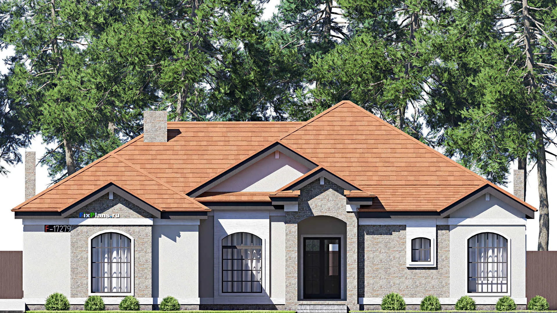 F-17279 - Проект одноэтажного дома 20 на 24, площадью 310 м² с террасой, гаражом на 2 машины и 4 спальнями