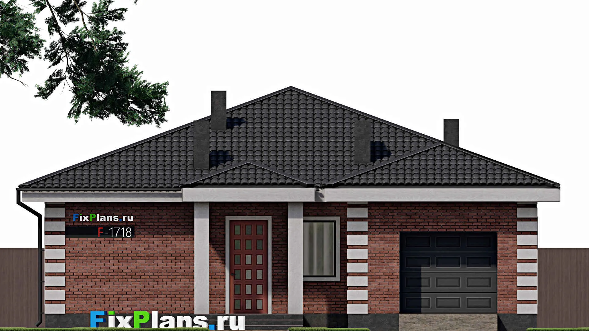F-1718 - Проект одноэтажного дома 13 на 17, площадью 160 м² с террасой, гаражом на 1 машину и 2 спальнями