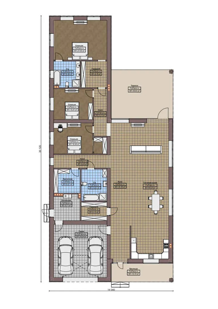 F-6506 - План одноэтажного дома 15 на 31, площадью 330 м² с террасой, гаражом на 2 машины и 3 спальнями