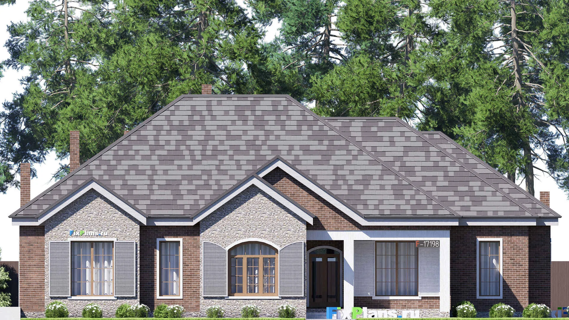 F-17198 - Проект одноэтажного дома 21 на 22, площадью 310 м² с террасой, гаражом на 2 машины и 3 спальнями